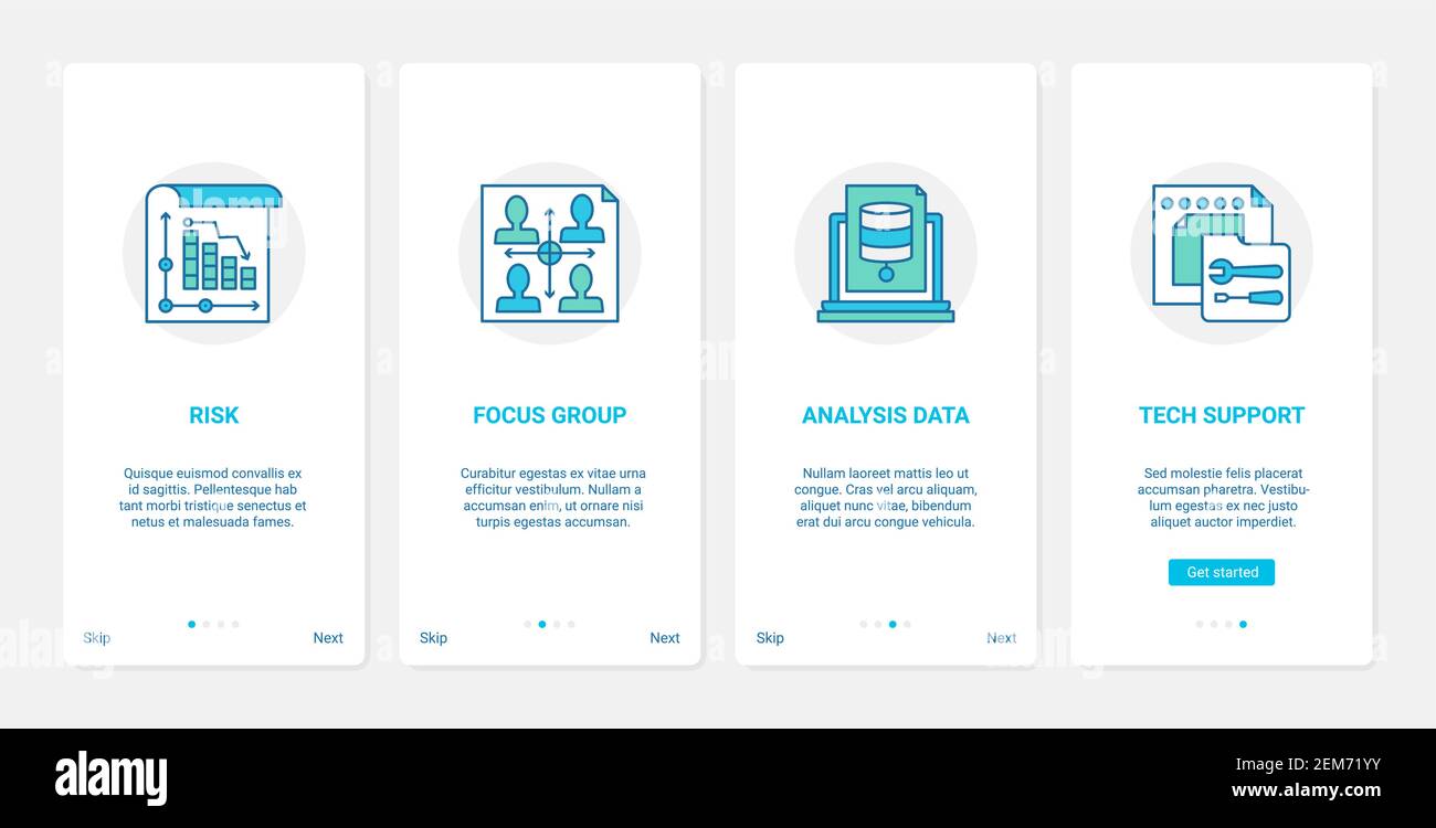 Illustrazione vettoriale della tecnologia di sviluppo aziendale. UX, UI onboarding mobile app page set con rischio di linea, focus group e analisi dati presentazione ricerca, supporto tecnico call center Illustrazione Vettoriale