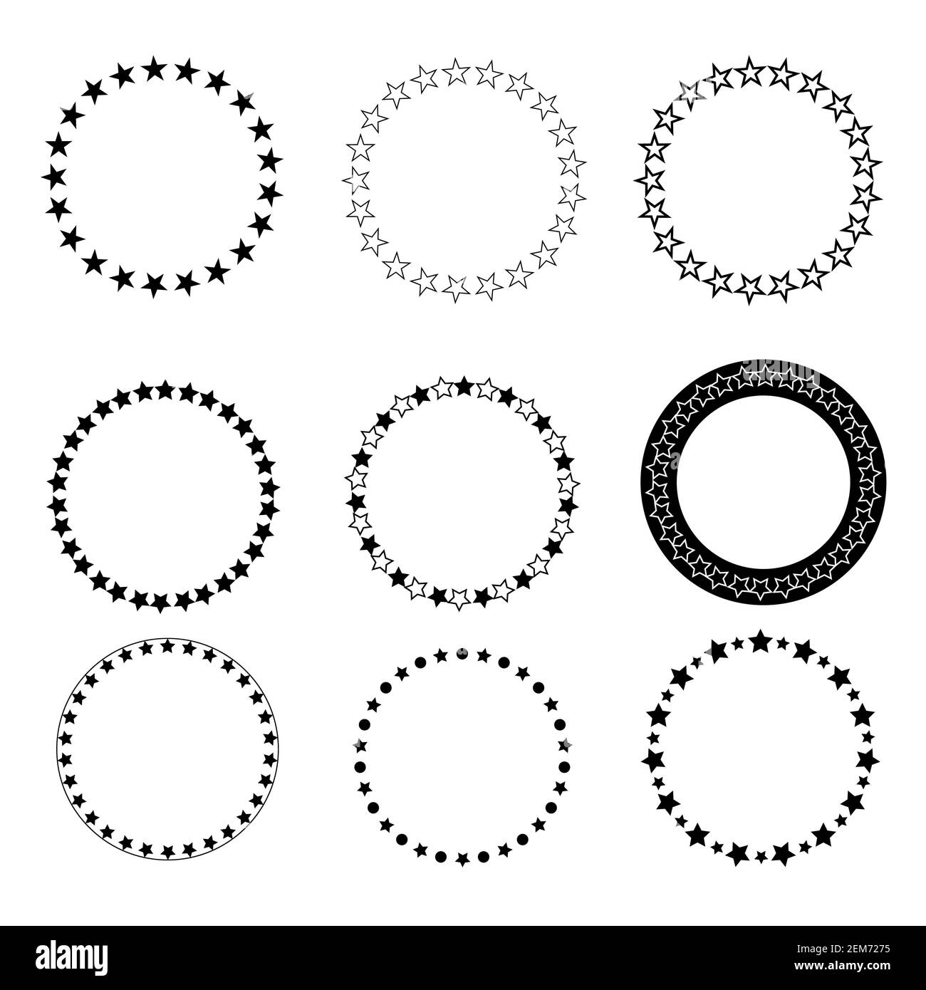 Imposta l'icona astratta del cerchio a stella su sfondo bianco. Stile piatto. Icona del cerchio a stella per il design del tuo sito web, logo, app, UI. Stelle nel simbolo del cerchio. Foto Stock