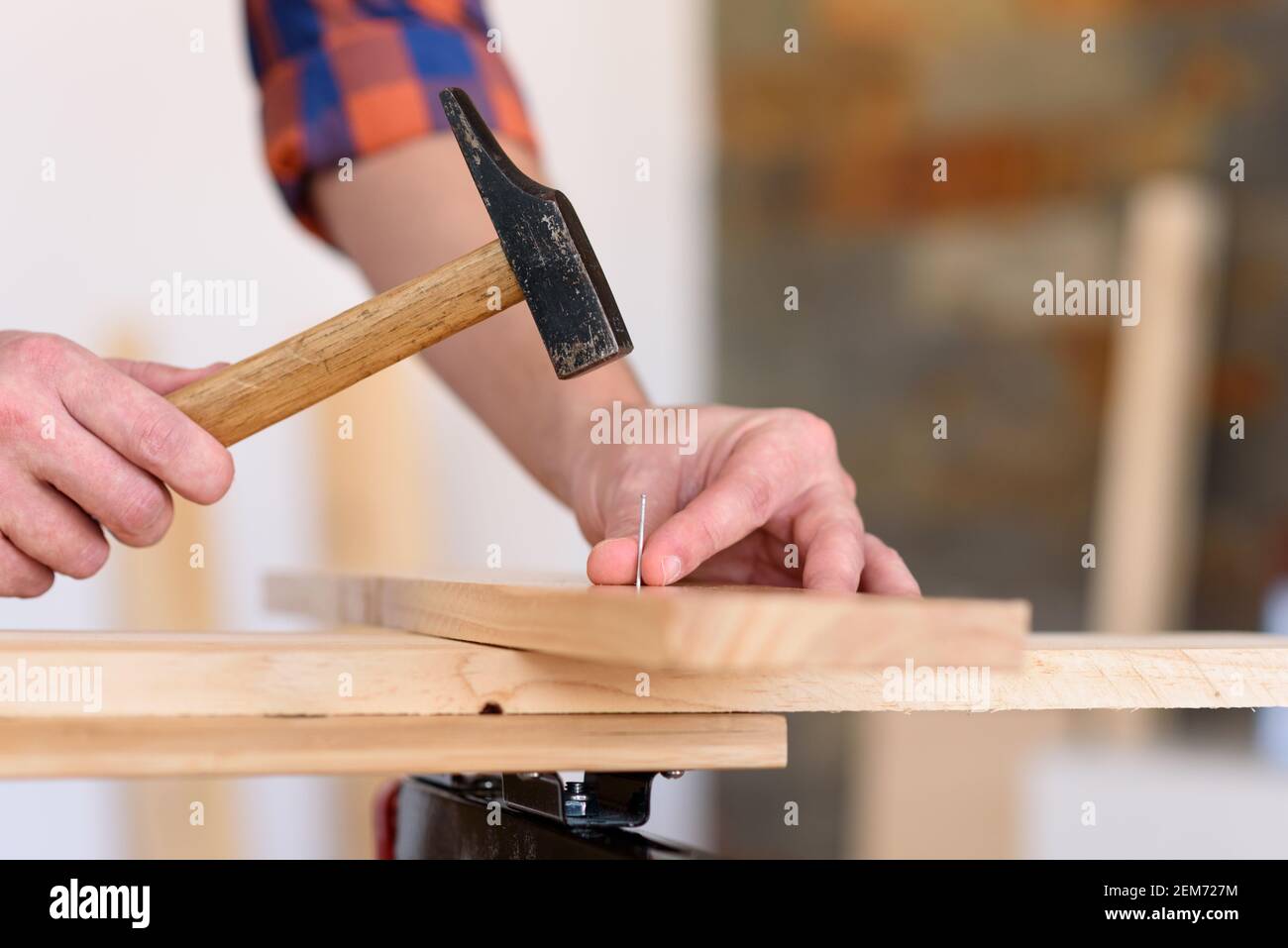 Primo piano dal martellare un chiodo in una tavola di legno. Foto di alta qualità. Foto Stock