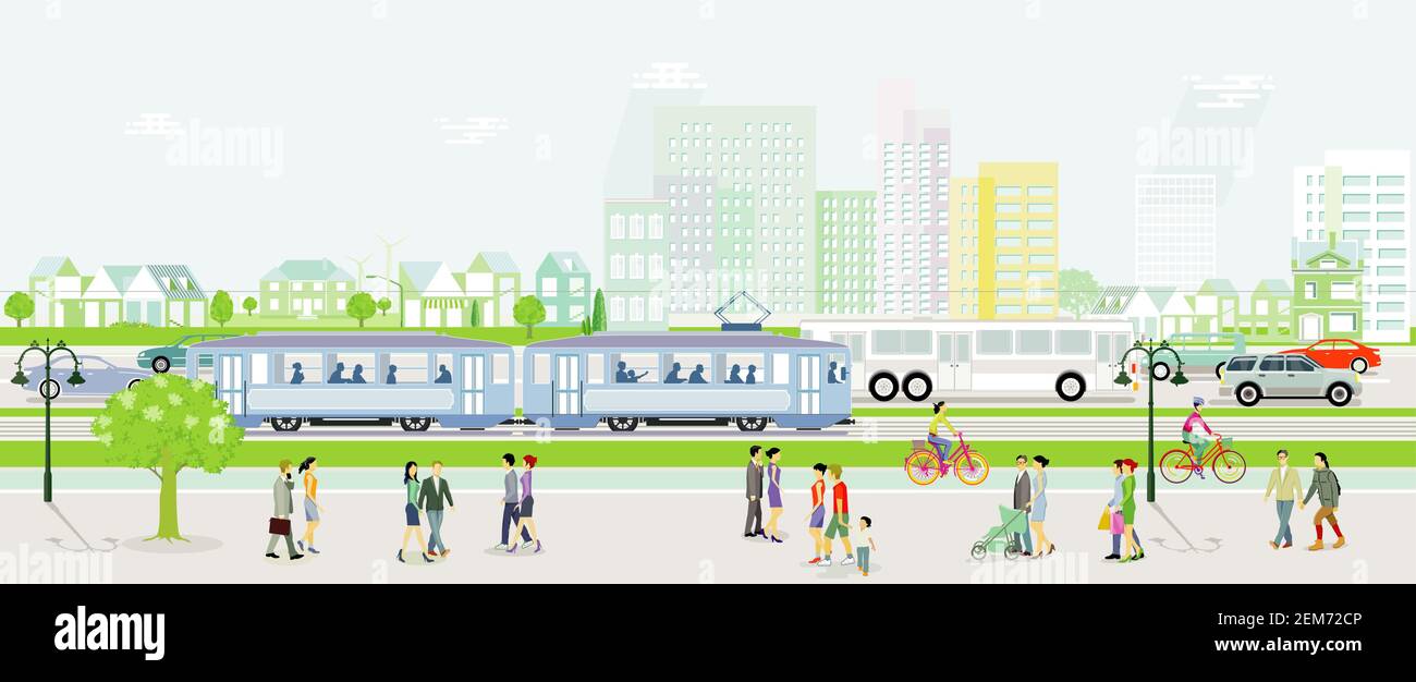 Profilo della città con tram, auto e autobus con persone sul marciapiede, illustrazione Illustrazione Vettoriale