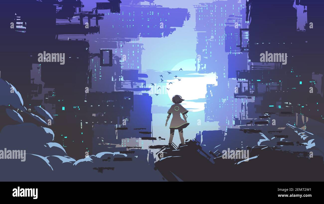giovane ragazza in piedi e guardando la città cyberpunk, illustrazione vettoriale Illustrazione Vettoriale
