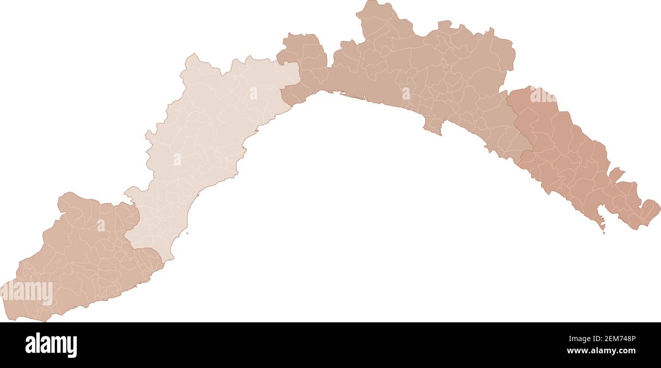 Mappa Liguria, divisione per province e comuni. Poligoni chiusi e perfettamente modificabili, riempimento poligono e tracciati di colore modificabili a volontà. Livelli. Illustrazione Vettoriale