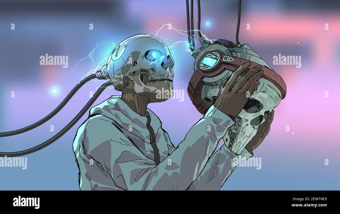 uomo cranio che indossa il futuristico visore per la realtà virtuale, illustrazione vettoriale Illustrazione Vettoriale