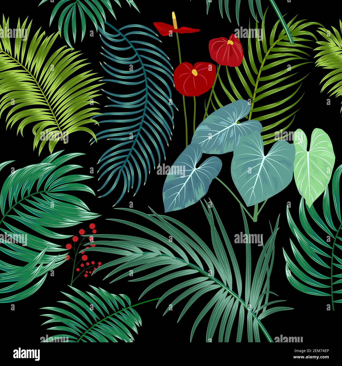 Vettore tropicale modello senza giunture con foglie di palma e fiori. Sfondo chiaro botanica, carta da parati giungla. Illustrazione Vettoriale