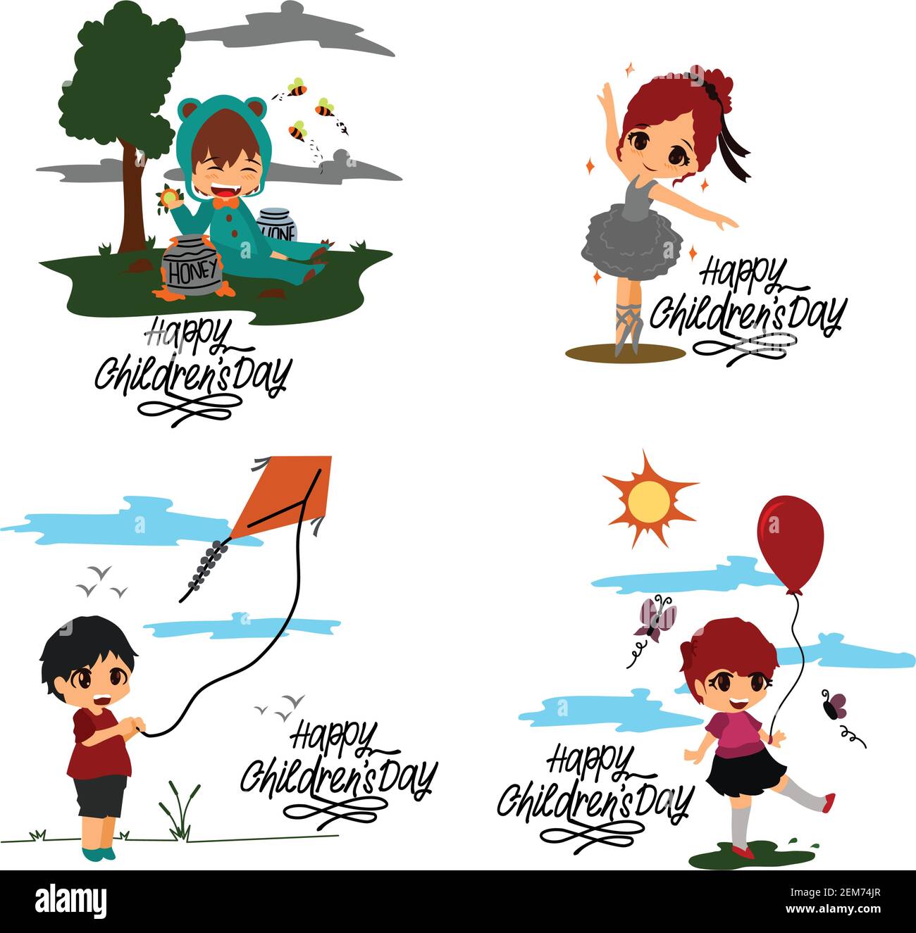 Bambini che giocano con gesti, pose e situazioni diverse. Buon giorno per i bambini Illustrazione Vettoriale