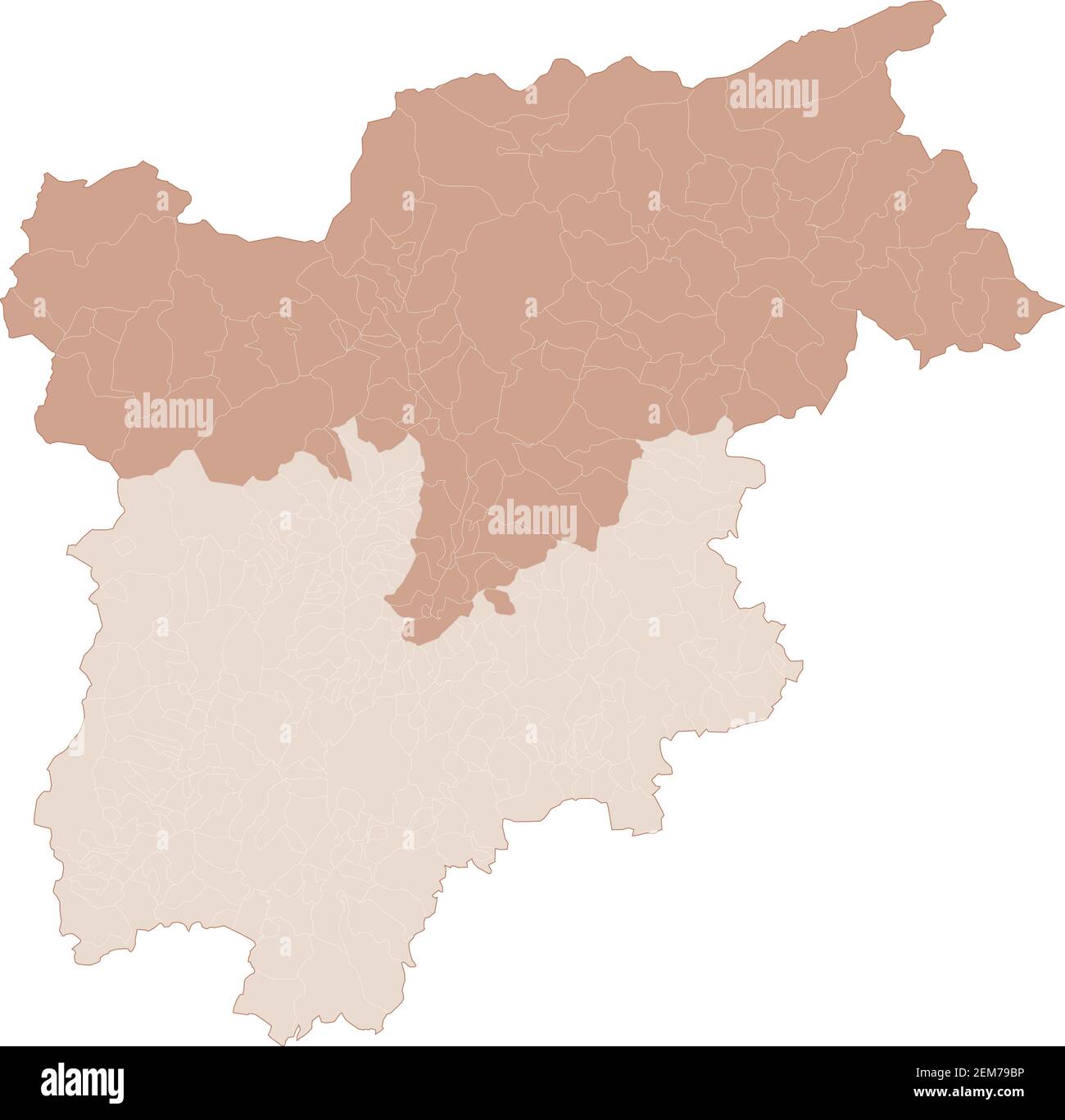 Mappa del Trentino-Alto Adige, divisione per province e comuni. Poligoni chiusi e perfettamente modificabili, riempimento poligono e tracciati di colore modificabili Illustrazione Vettoriale