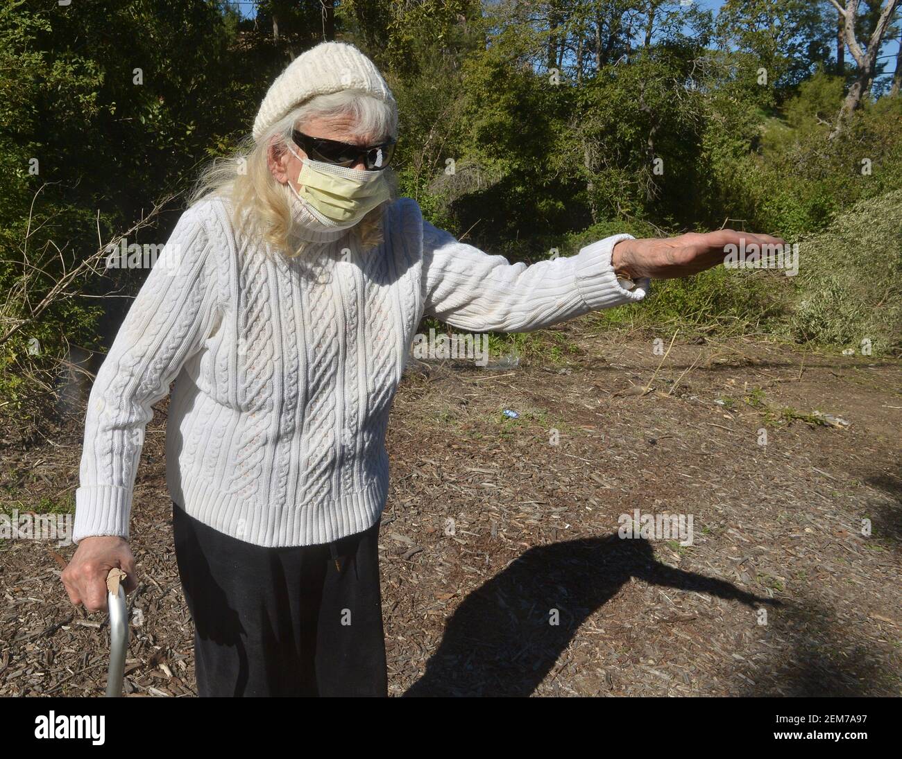 Rolling Hills Estates, Stati Uniti. 24 Feb 2021. Il residente locale Janet Engelman, 82 anni, è visto nella zona dove la leggenda del golf Tiger Woods ha rotolato la sua auto dopo aver attraversato una mediana in Rolling Hills Estates, California, mercoledì 24 febbraio 2021. Engelman ha raccontato alla fotografa che aveva trasportato i suoi cinque bambini su e giù per Hawthorne Blvd. Per decenni. Gli esperti dicono che Tiger Woods ha una lunga strada per andare nel suo processo di recupero dalle ferite rotte della gamba, della caviglia e del piede ha sostenuto in un incidente di auto Martedì nella California del Sud. Foto di Jim Ruymen/UPI Credit: UPI/Alamy Live News Foto Stock