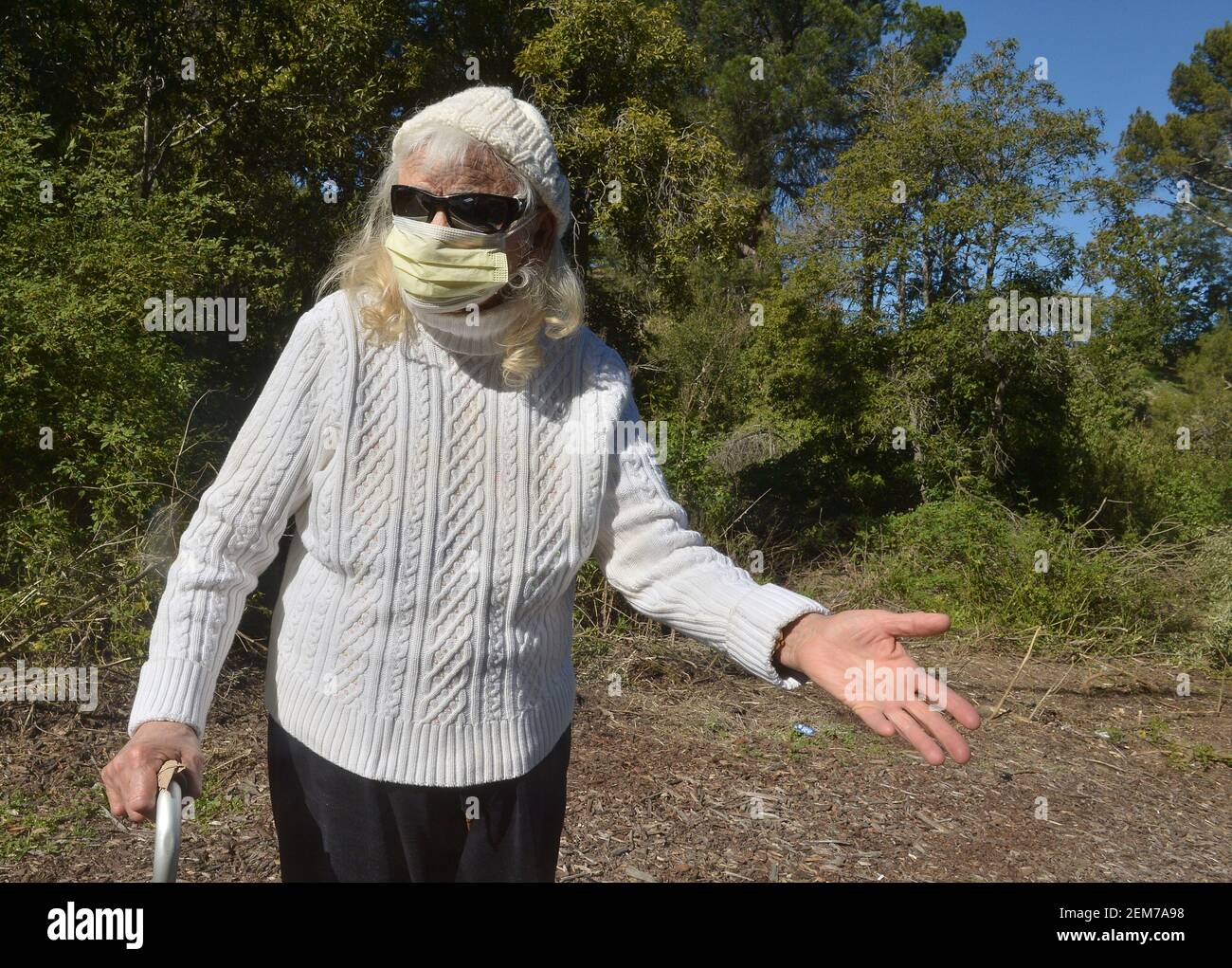 Rolling Hills Estates, Stati Uniti. 24 Feb 2021. Il residente locale Janet Engelman, 82 anni, è visto nella zona dove la leggenda del golf Tiger Woods ha rotolato la sua auto dopo aver attraversato una mediana in Rolling Hills Estates, California, mercoledì 24 febbraio 2021. Engelman ha raccontato alla fotografa che aveva trasportato i suoi cinque bambini su e giù per Hawthorne Blvd. Per decenni. Gli esperti dicono che Tiger Woods ha una lunga strada per andare nel suo processo di recupero dalle ferite rotte della gamba, della caviglia e del piede ha sostenuto in un incidente di auto Martedì nella California del Sud. Foto di Jim Ruymen/UPI Credit: UPI/Alamy Live News Foto Stock