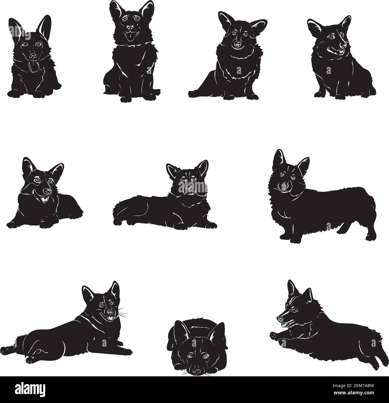 Cane, corgi, pose varie, movimenti e angoli di figure, nero, silhouette, set, vettore, illustrazione Illustrazione Vettoriale