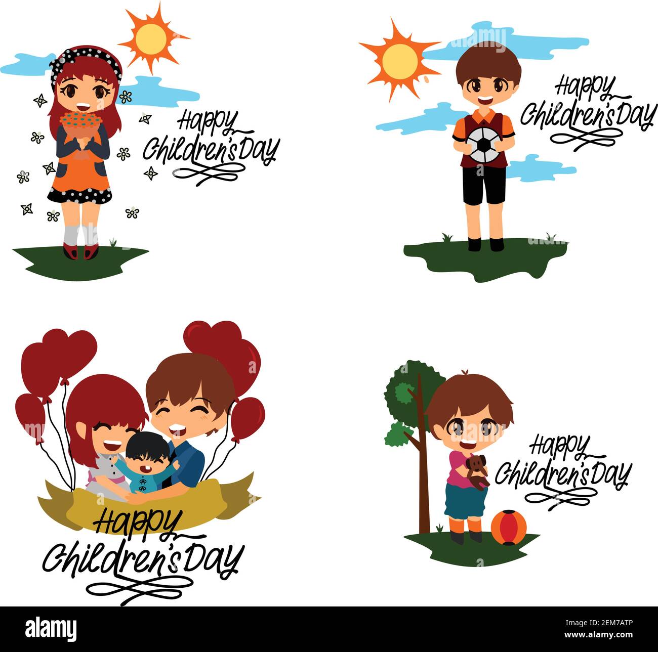 Bambini che giocano con gesti, pose e situazioni diverse. Buon giorno per i bambini Illustrazione Vettoriale