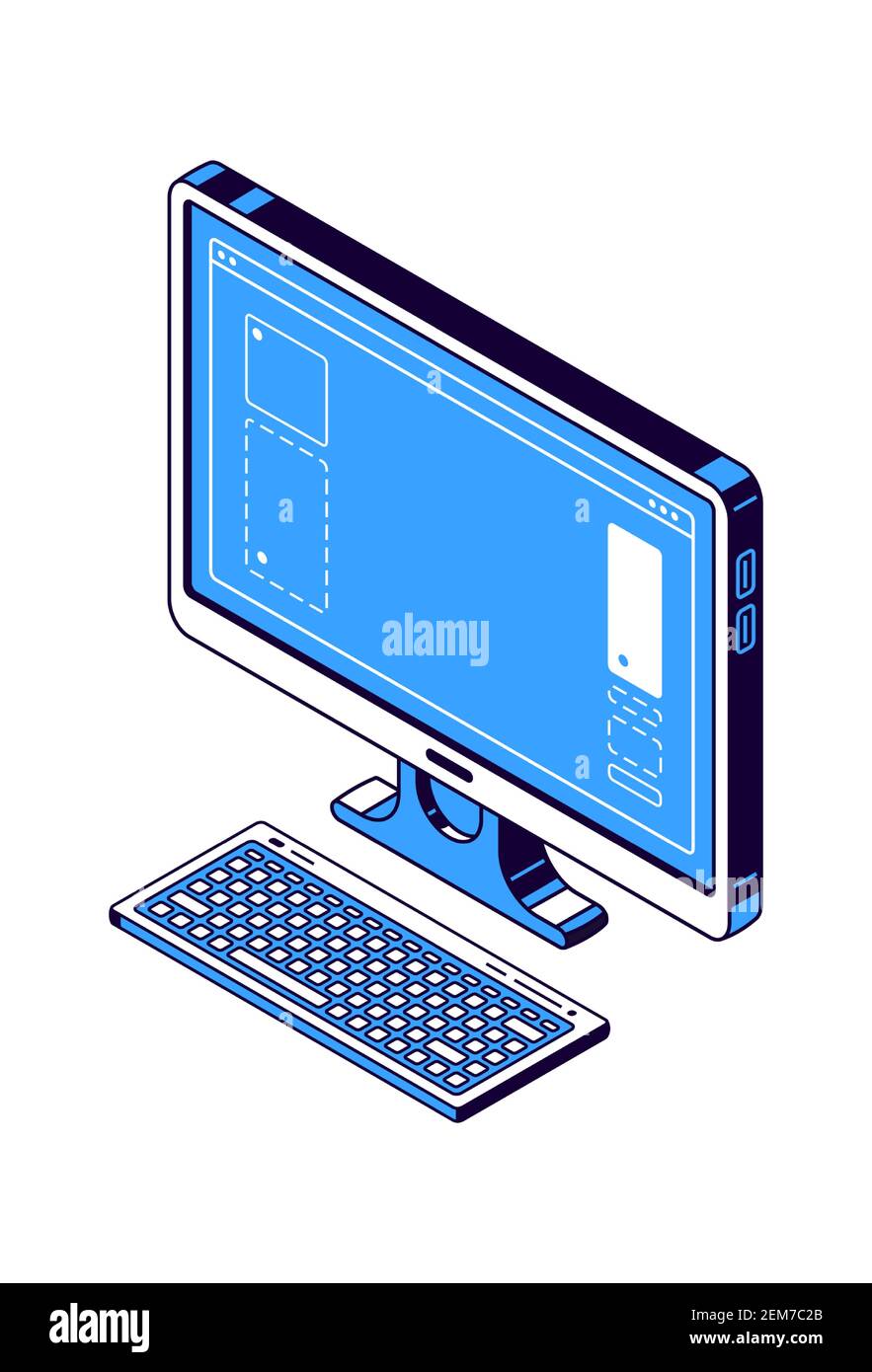 Monitor del computer, icone vettoriali isometriche della tastiera Illustrazione Vettoriale