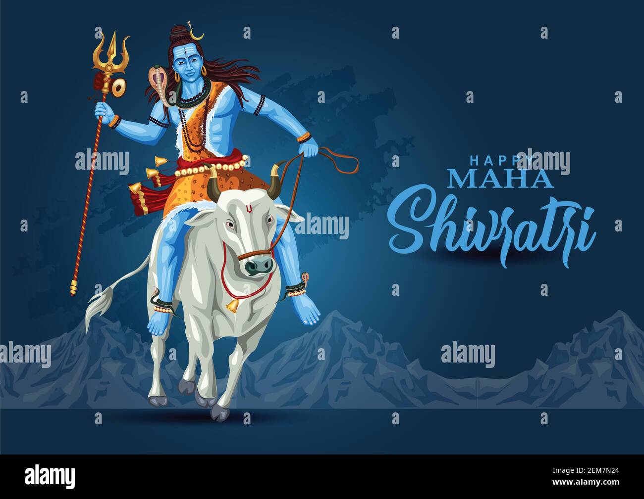 Happy maha Shivratri mahadev cavalcare con Nandhi , un festival indù celebrato di lord shiva notte, calligraphy inglese. Disegno di illustrazione vettoriale Illustrazione Vettoriale