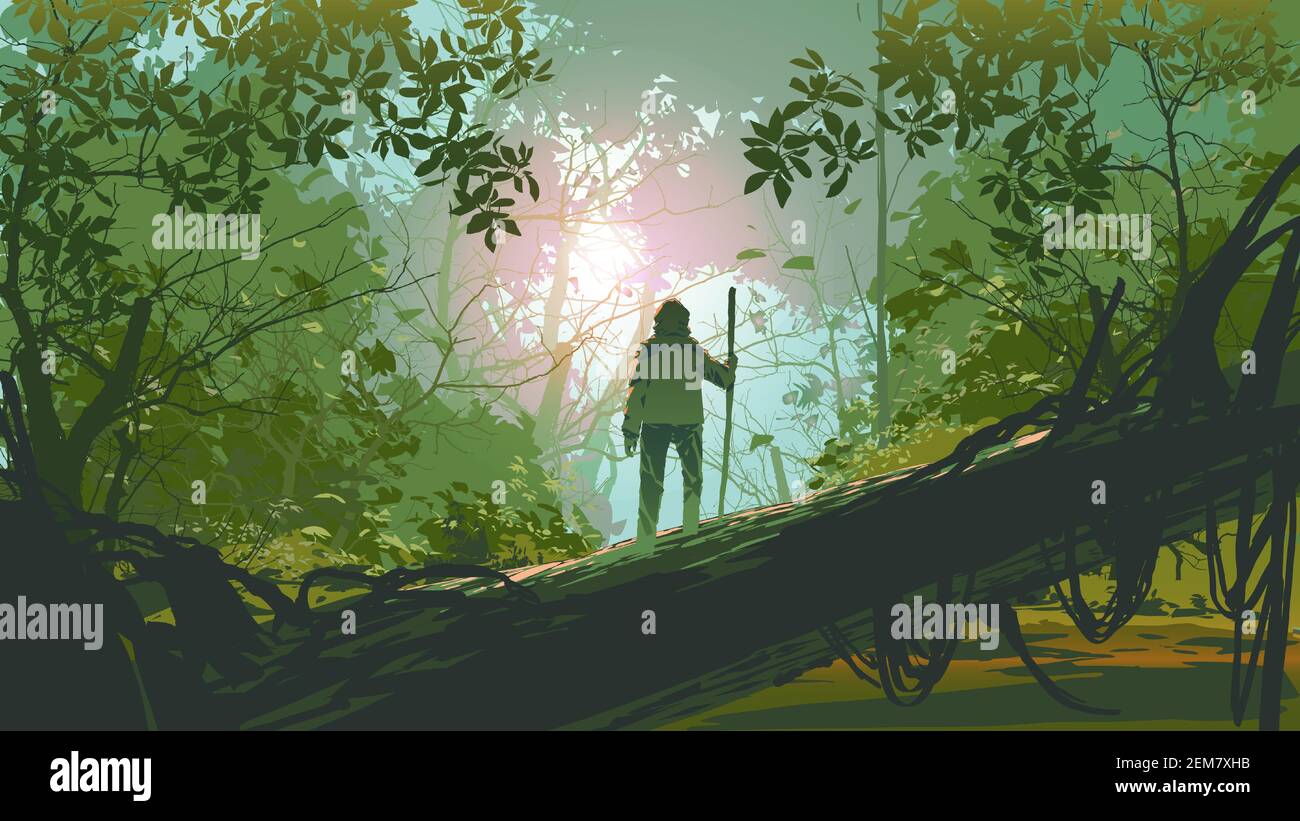 viaggiatore in piedi su un albero caduto nella foresta, illustrazione vettoriale Illustrazione Vettoriale