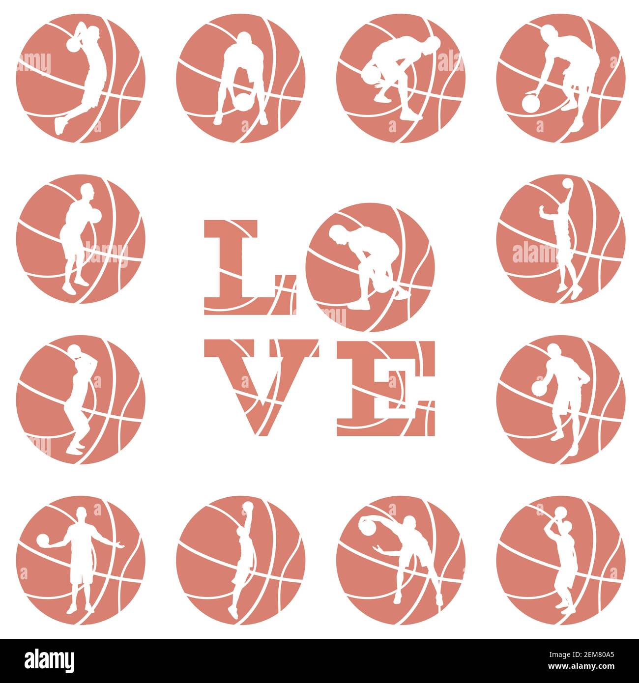 Love basket stampa, modello di t-shirt design. Citazione d'amore, palla con silhouette da basket, illustrazione vettoriale Illustrazione Vettoriale