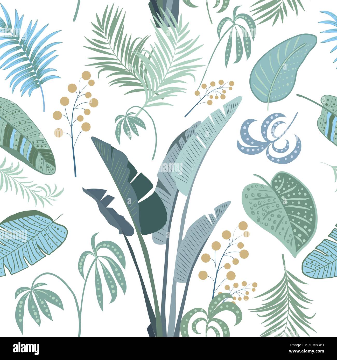 Vettore tropicale modello senza giunture con foglie di palma e fiori. Sfondo chiaro botanica, carta da parati giungla. Illustrazione Vettoriale