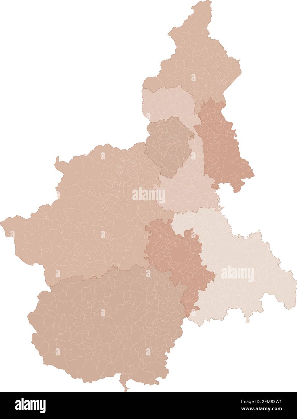 Mappa del Piemonte, divisione per province e comuni. Poligoni chiusi e perfettamente modificabili, riempimento poligono e tracciati di colore modificabili a volontà. Livelli. Illustrazione Vettoriale