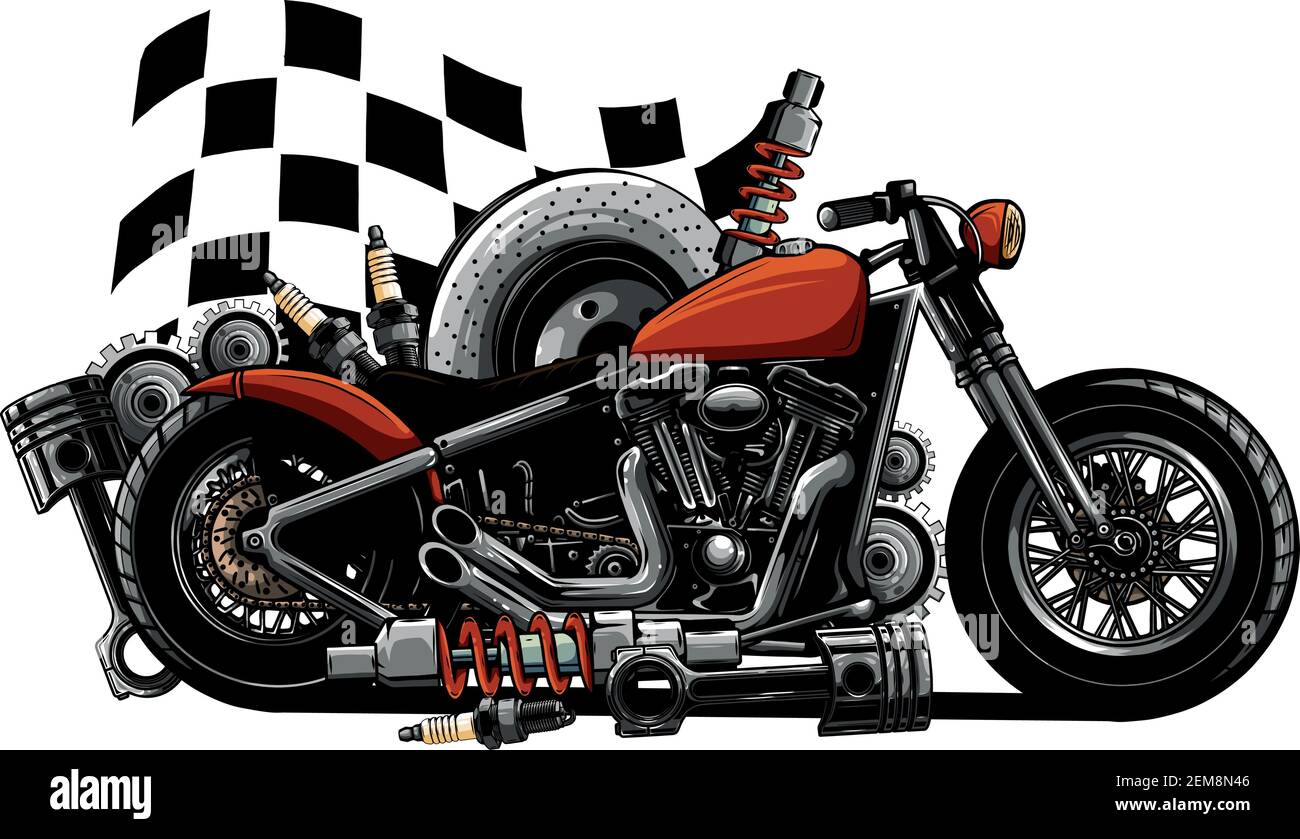 Moto Vector con parti di ricambio e bandiera da gara Illustrazione Vettoriale