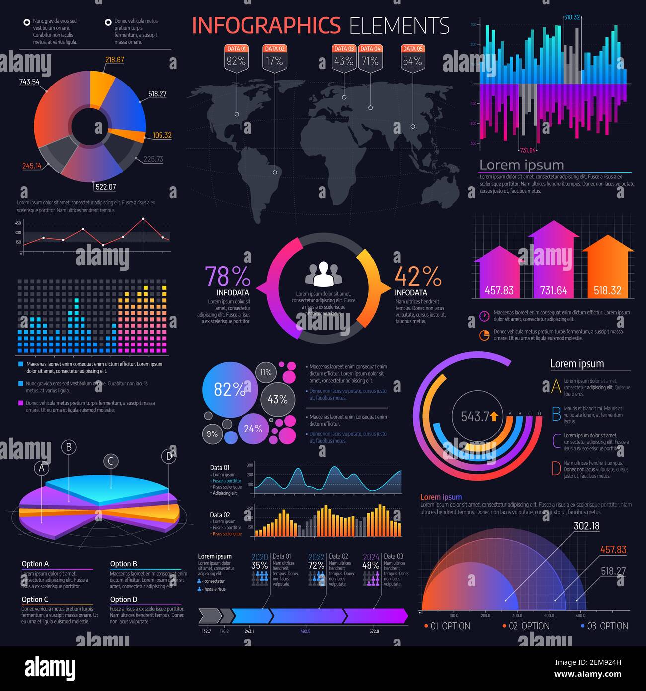 Elementi vettoriali per infografiche aziendali. Modello di grafici di presentazione, grafici e mappa del mondo, opzioni di business, processi, fasi, flusso di lavoro e tempistica Illustrazione Vettoriale