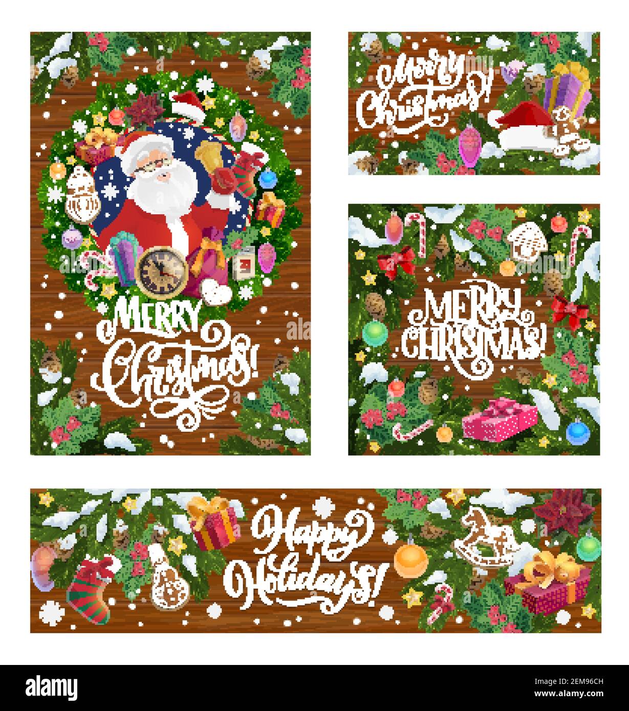 Buon Natale cartone animato Santa con regali di Capodanno in Xmas albero agrifoglio. Vettore Natale inverno festa di saluto calligraphy, biscotti di pan di zenzero Illustrazione Vettoriale