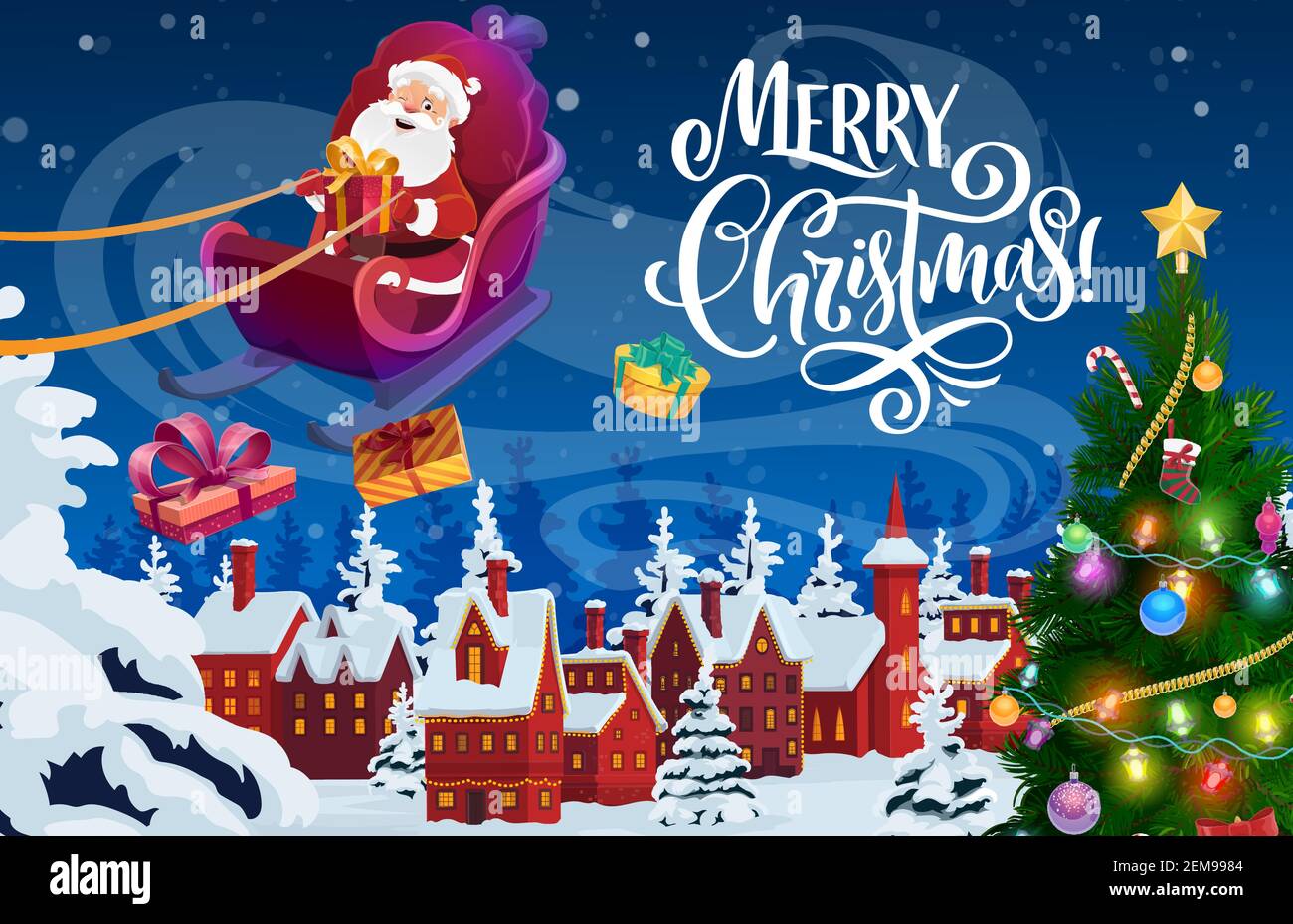 Slitta di Natale con Babbo Natale e regali disegno vettoriale. La slitta di  Claus che sorvola la città di notte festosa, le scatole presenti e l'albero  di Natale, la neve, la stella