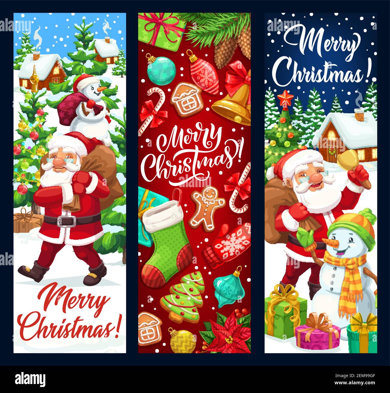 Allegri banner vettoriali natalizi, auguri e decorazioni per le vacanze invernali. Babbo Natale con la borsa porta regali pupazzo di neve, le luci dell'albero di Natale e ornamenti, così Illustrazione Vettoriale