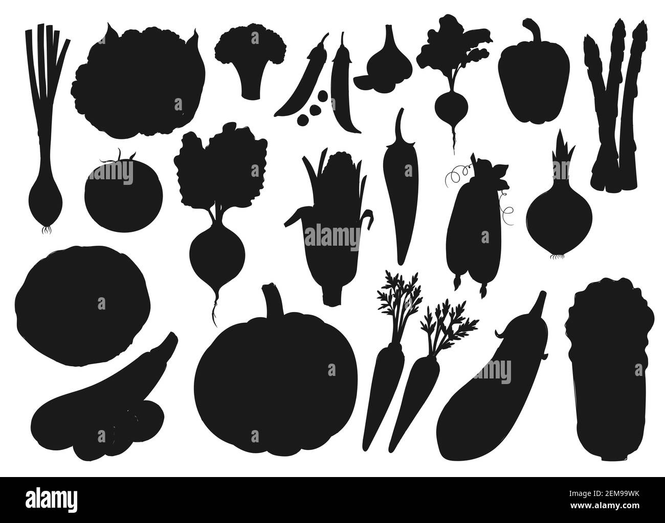 Verdure e verdure di fattoria, icone di silhouette vettoriale. Cibo vegetariano biologico cavolo, zucca, pomodoro e cetriolo, cavolfiore e broccoli, cipolla A. Illustrazione Vettoriale