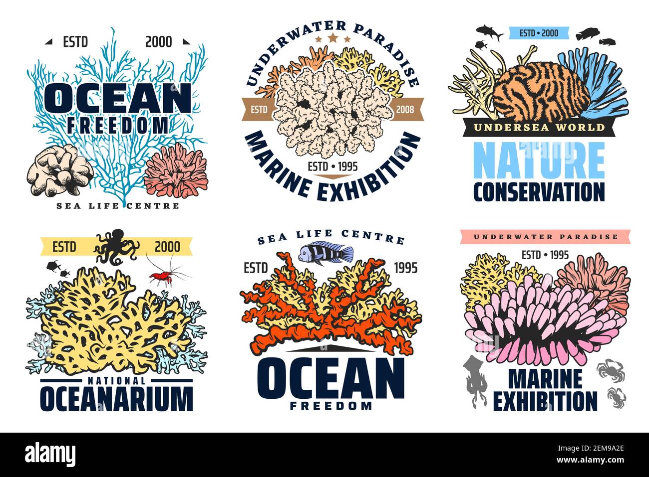 Oceanarium, acquario sottomarino e mostra di pesci tropicali, icone vettoriali. Oceano mondo sottomarino e fauna marina, barriera corallina e animali conservati Illustrazione Vettoriale