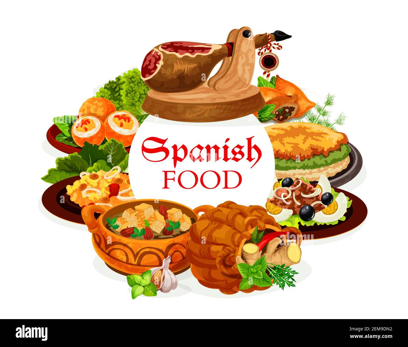 Cucina spagnola, piatti vettoriali di risotto di pesce, insalata di pesce San Isidro con uova e olive, prosciutto iberico, zuppa di mandorle di pane e omelette, torte di agnello e. Illustrazione Vettoriale