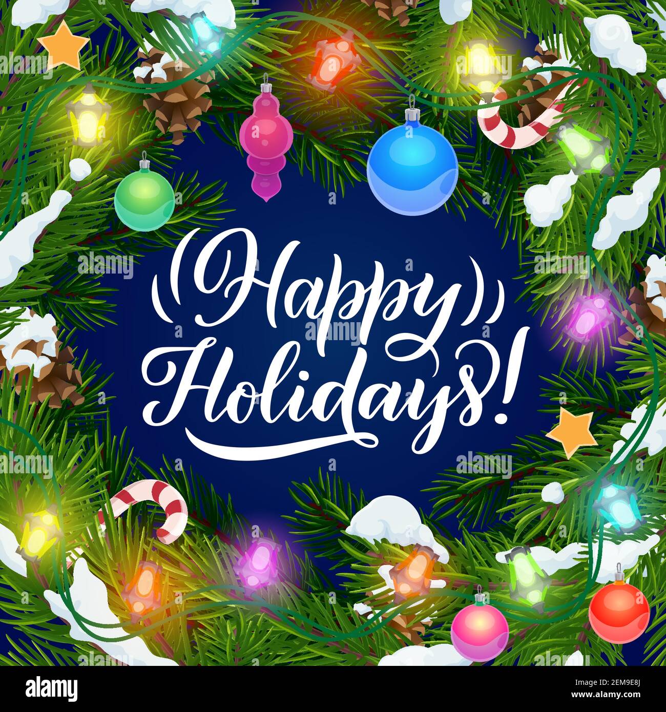 Happy Holidays, poster vettoriale con le luci dell'albero di Natale e ornamenti decorativi. Corona di abete xmas con stelle dorate, palle, canne candite e pino Illustrazione Vettoriale