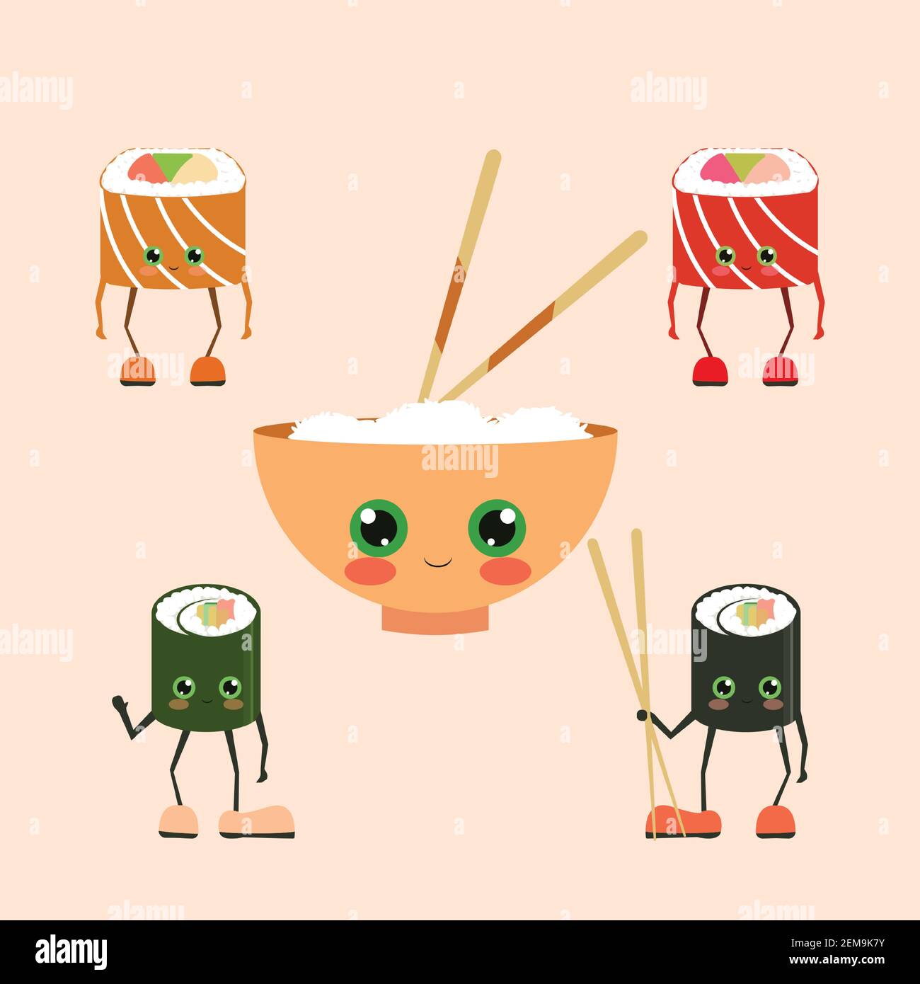 Simpatici personaggi del sushi. Sushi divertente con i volti carini. Set sushi roll e sashimi. Felici i personaggi del sushi. Cibo asiatico, illustrazione vettoriale isolato su Illustrazione Vettoriale
