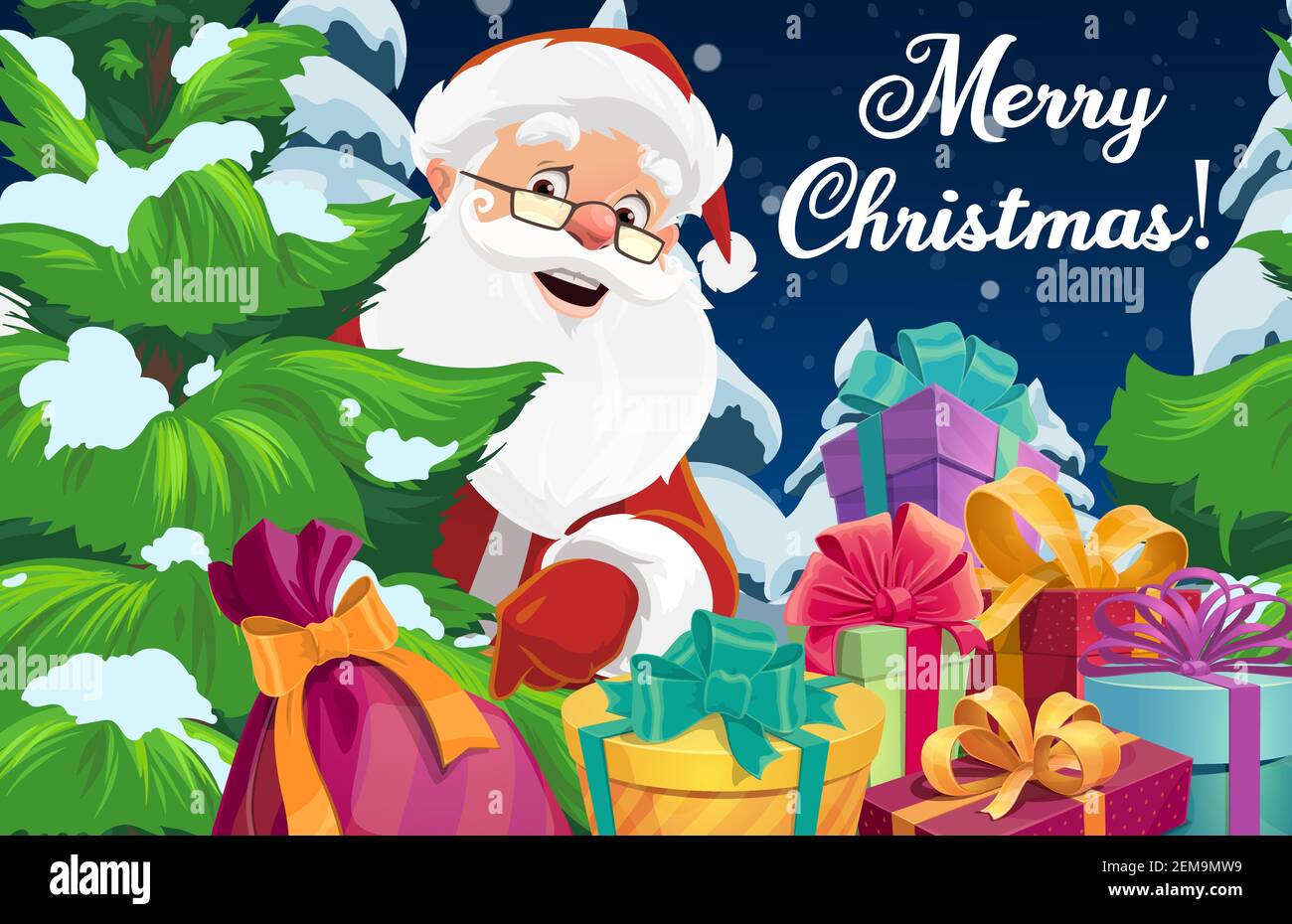 Santa con albero di Natale e regali di Natale vettore biglietto d'auguri. Claus con cappello rosso e borsa, scatole presenti, fiocchi di nastro e fiocchi di neve, pino o abete Illustrazione Vettoriale