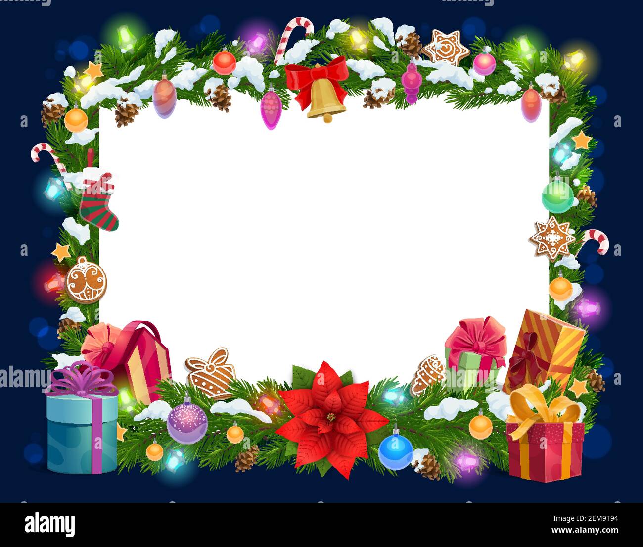 Cartolina bianca di Natale in cornice di decorazioni di natale del vettore. Le luci dell'albero di Natale e gli ornamenti invernali di festa di Capodanno, la campana dorata e il regalo b Illustrazione Vettoriale