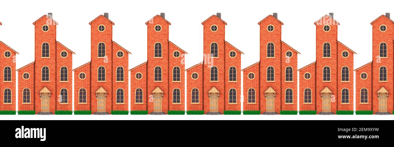 Illustrazione di fantastiche case in mattoni con case in piastrelle di stile europeo disposte in fila. Motivo isolato senza giunture su sfondo bianco. Rendering 3D. Foto Stock