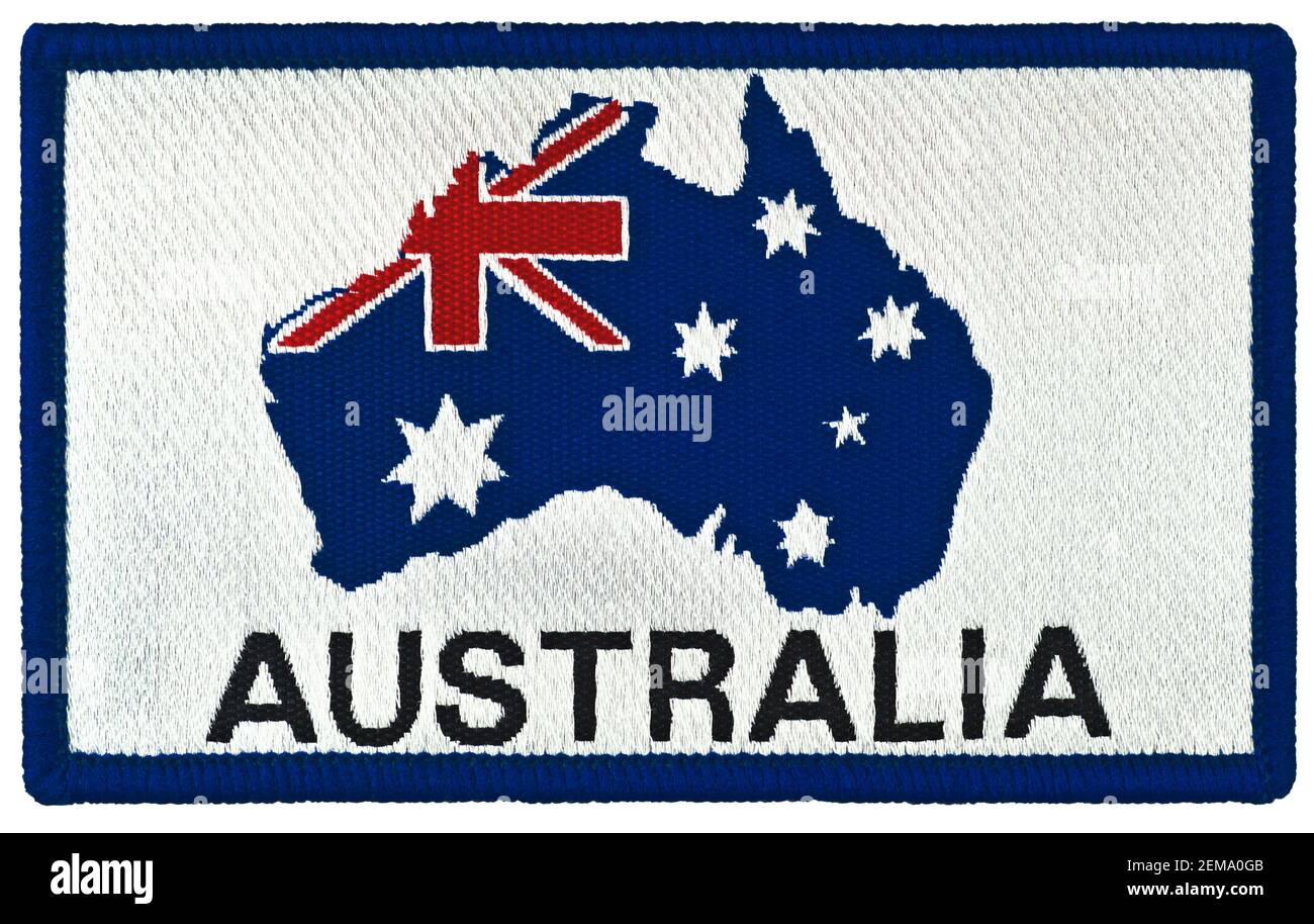 Vintage Australian National flag stars design badge tag, ricamato isolato rettangolare Australia souvenir cucire-on etichetta di abbigliamento blazer patch Foto Stock