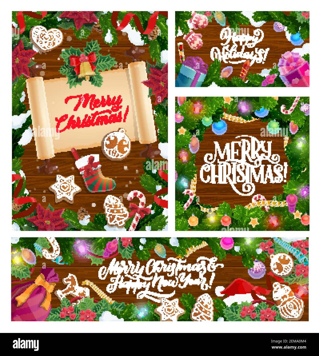 Buon saluto di Natale su rotolo di carta, calligrafia desiderio di Capodanno con le decorazioni dell'albero di Natale. Vector Gift sock, ornamenti e fiocchi di neve confetti wi Illustrazione Vettoriale