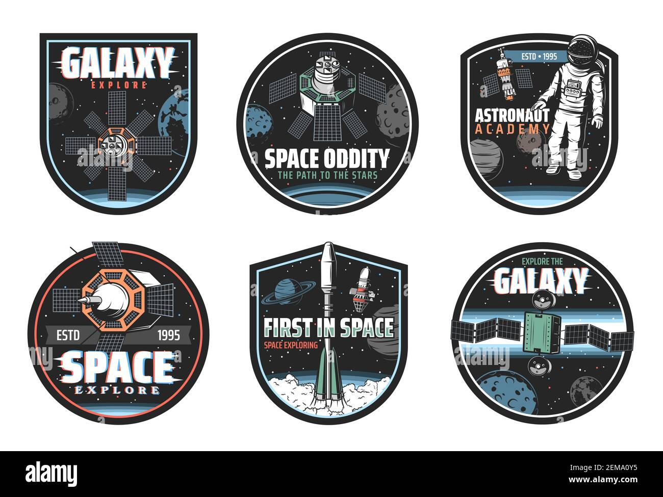 Icone vettoriali di esplorazione spaziale e galassica con astronauti, astronauti e pianeti dell'universo. Razzi con satelliti, Terra, Luna e stelle, spaceman, s. Illustrazione Vettoriale Icone vettoriali di esplorazione spaziale e galassica con astronauti, astronauti e pianeti dell'universo. Razzi con satelliti, Terra, Luna e stelle, spaceman, s. Illustrazione Vettoriale