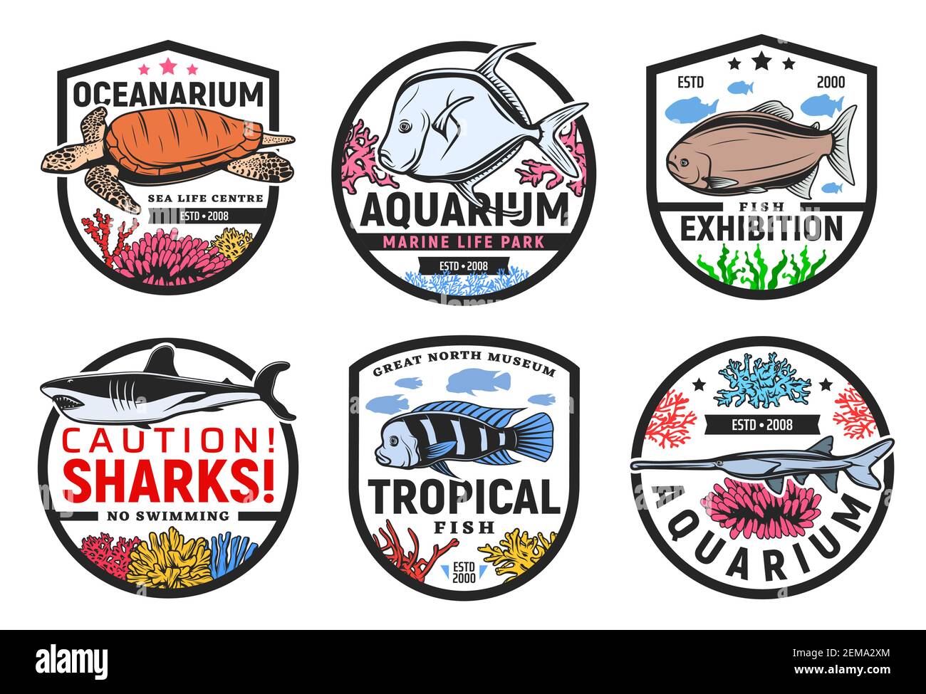 Oceanarium, acquario sottomarino e mostra di pesci tropicali, icone vettoriali. Mostri marini e oceanici selvaggi, animali ed esotica fi tropicale Illustrazione Vettoriale