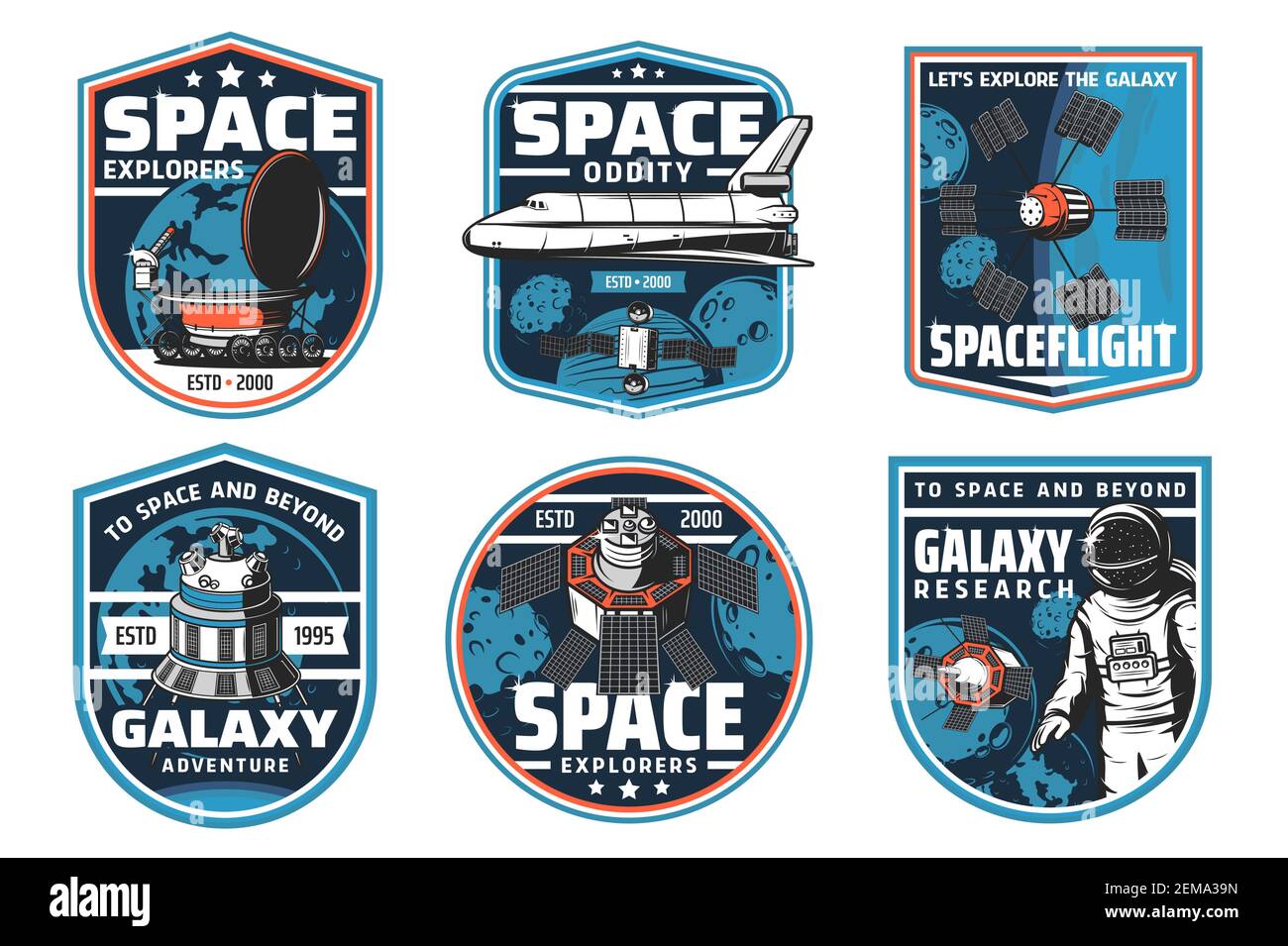 Esplorazione spaziale icone isolate con astronauta e astronauta. Razzo vettoriale, pianeta galassico, satellite e spaceman con spacesuit e casco, navetta Illustrazione Vettoriale Esplorazione spaziale icone isolate con astronauta e astronauta. Razzo vettoriale, pianeta galassico, satellite e spaceman con spacesuit e casco, navetta Illustrazione Vettoriale