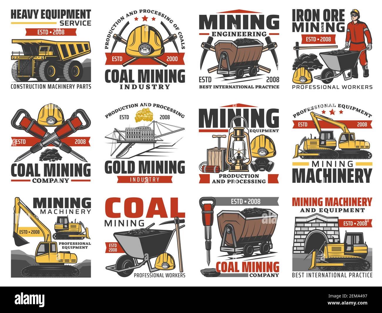 Industria mineraria, macchinari per miniere di carbone e minatori, icone vettoriali. Estrazione di metalli e minerali di ferro da carbone, scavatore e bulldo Illustrazione Vettoriale
