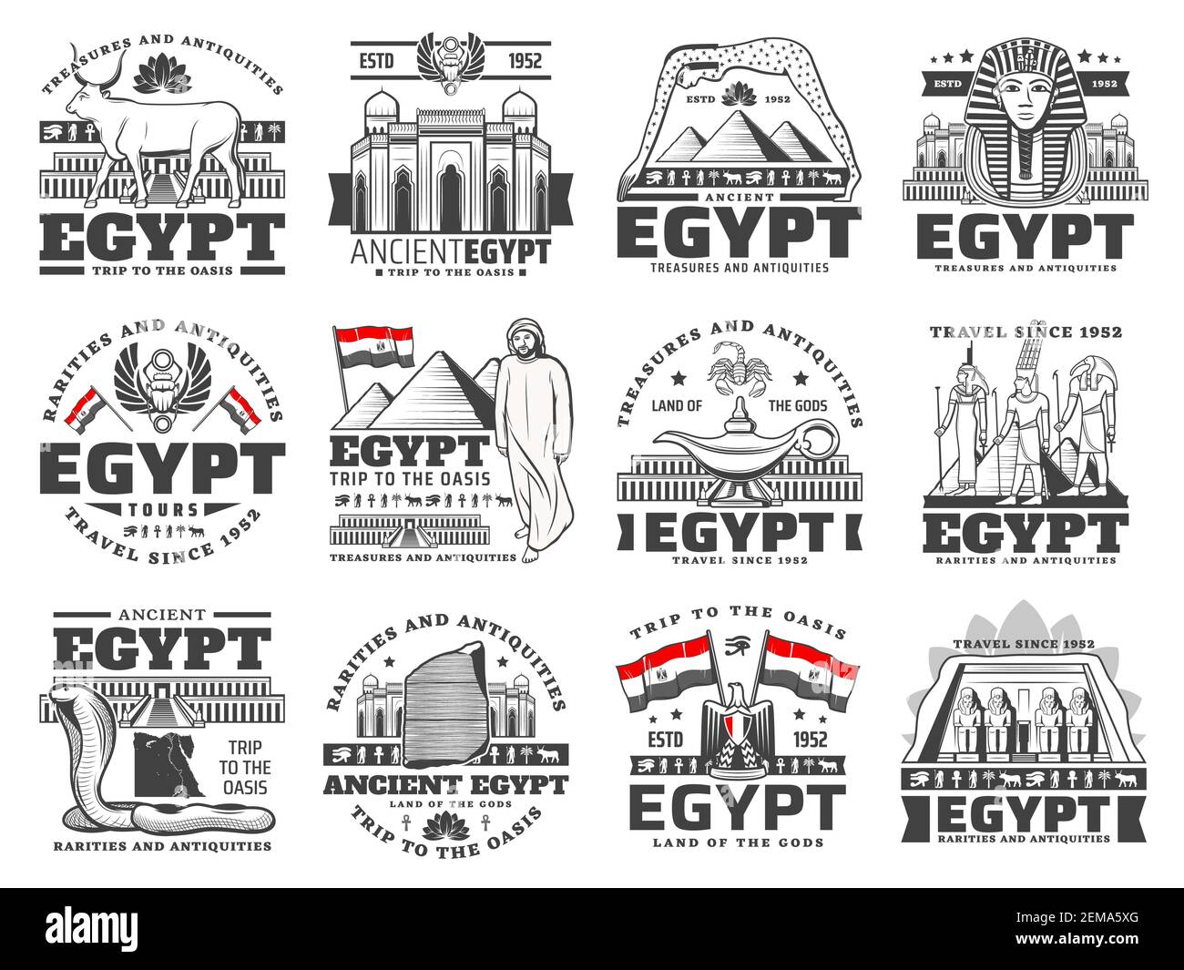 Egitto vettore icone di cultura, storia, religione e viaggi. Antico Egitto pharaoh piramidi, dèi con occhio di Horus e simboli di Ankh, mappa, bandiera, erale Illustrazione Vettoriale