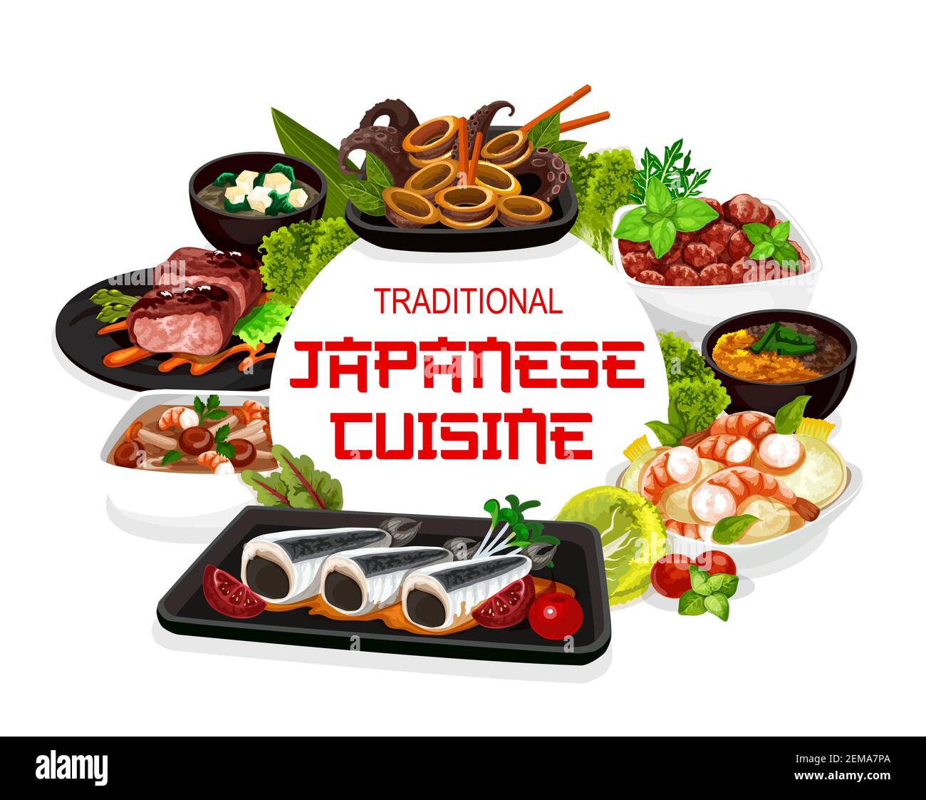 Cucina giapponese, piatti tradizionali, menu del ristorante giapponese. Piatti  giapponesi autentici, antipasto di carne con uova in ciotola, pesce iwashi  fritto e bollito Immagine e Vettoriale - Alamy