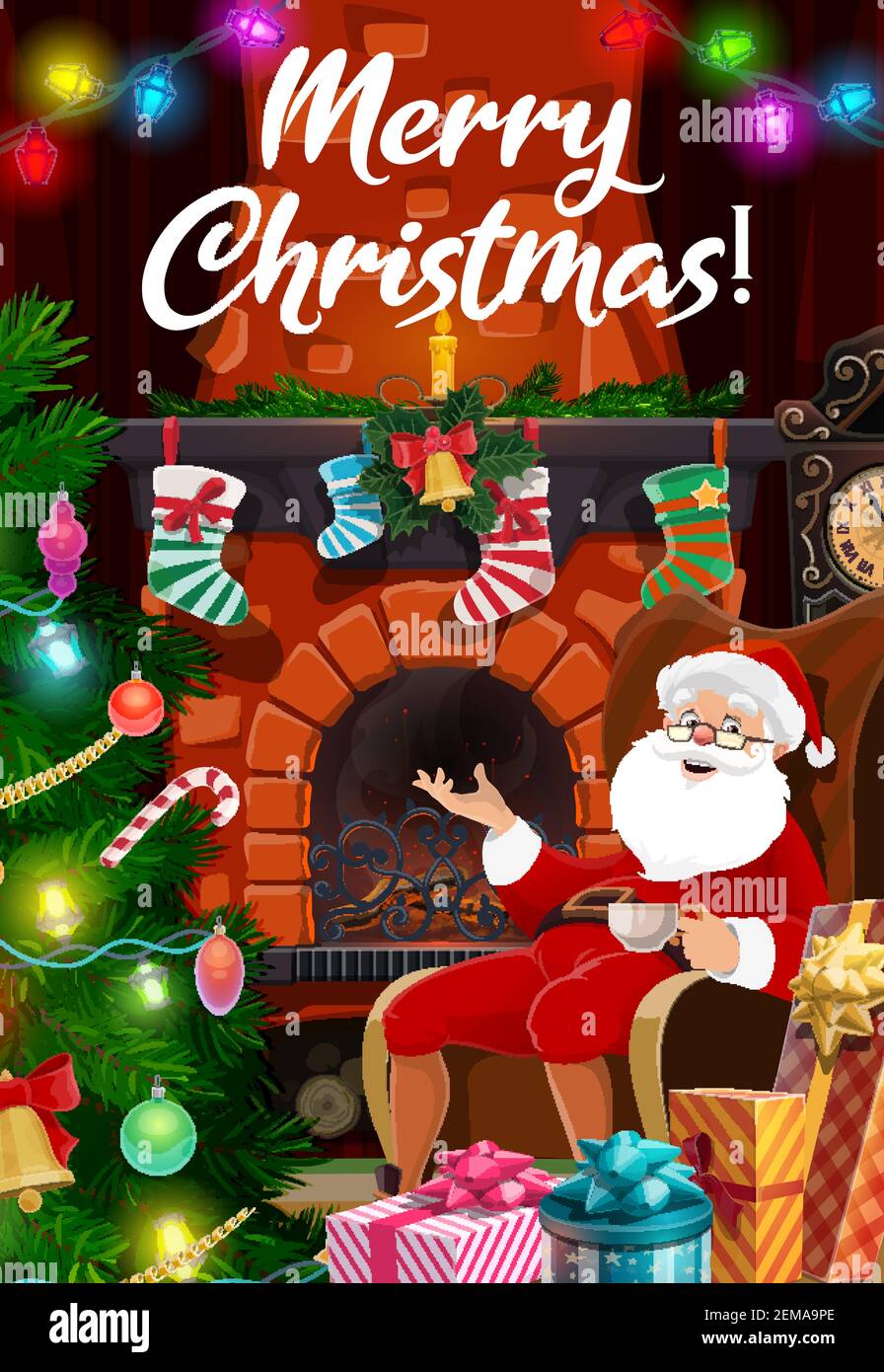 Buon Natale, poster vettoriale con Santa bere tè in sedia a camino con calze regalo. Le luci e le decorazioni dell'albero di Natale, le palle, la canna caramella Illustrazione Vettoriale