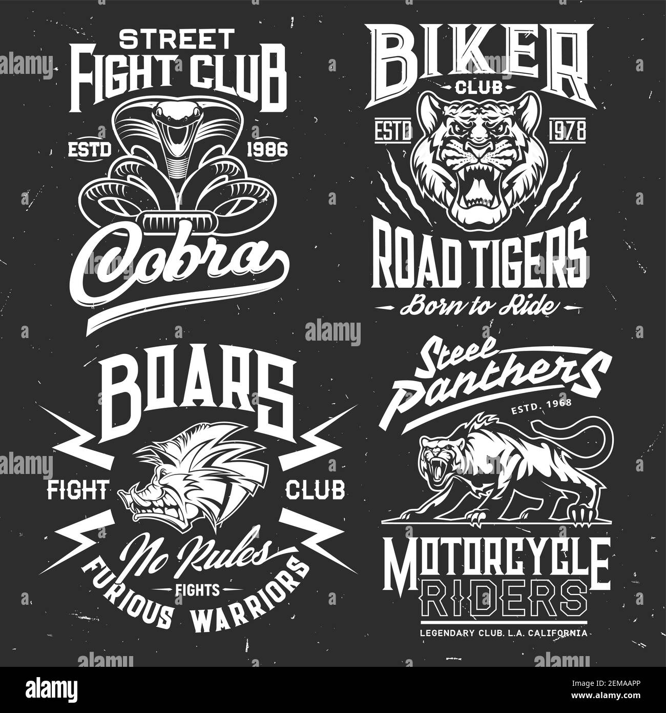 Tiger, cobra, pantera e t-shirt boar stampa vettore mockup di lotta sport e modello di abbigliamento personalizzato club biker. Animale selvatico aggressivo e attaccante Illustrazione Vettoriale Tiger, cobra, pantera e t-shirt boar stampa vettore mockup di lotta sport e modello di abbigliamento personalizzato club biker. Animale selvatico aggressivo e attaccante Illustrazione Vettoriale