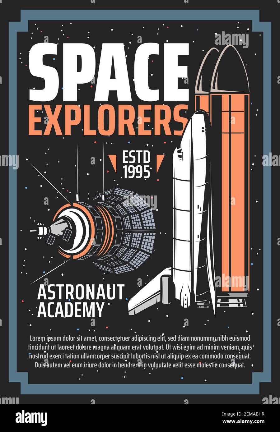 Esplorazioni spaziali, astronauti e astronauti accademia vettore vintage poster retrò. Gli esploratori dello spazio esterno e della galassia navetta le navette spaziali e satellitari su Illustrazione Vettoriale