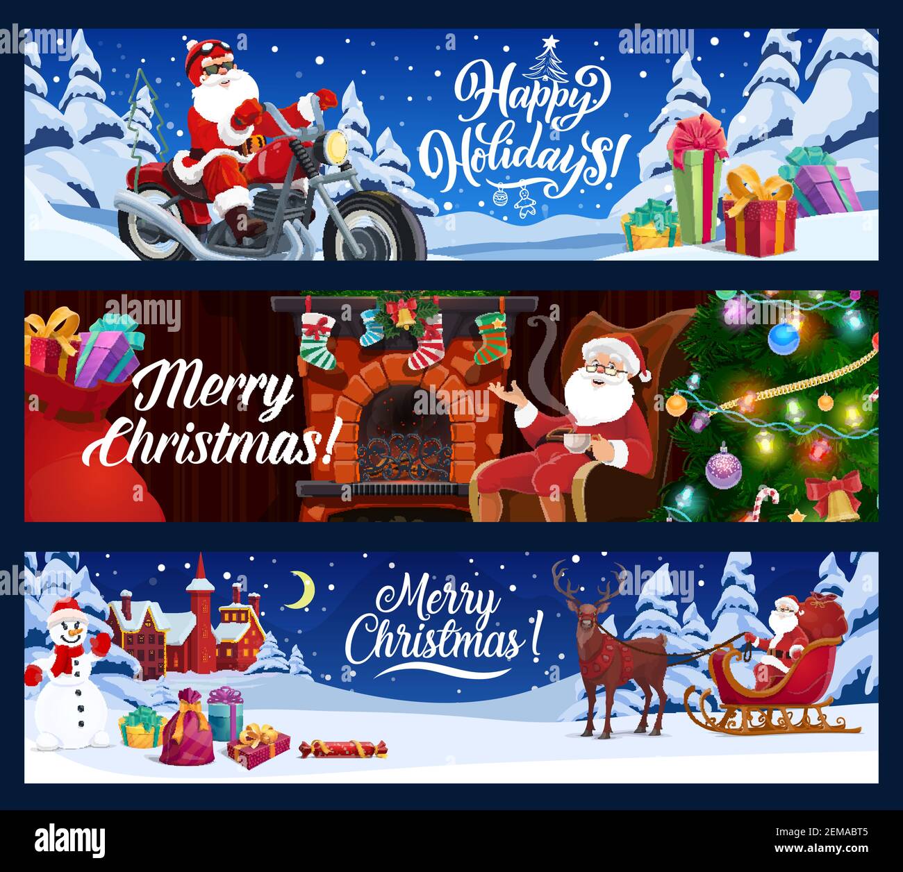 Buon Natale e buone feste invernali, banner vettoriali. Santa su moto e renna slitta con scatole regalo nella foresta notturna, Xmas tree lights, Illustrazione Vettoriale