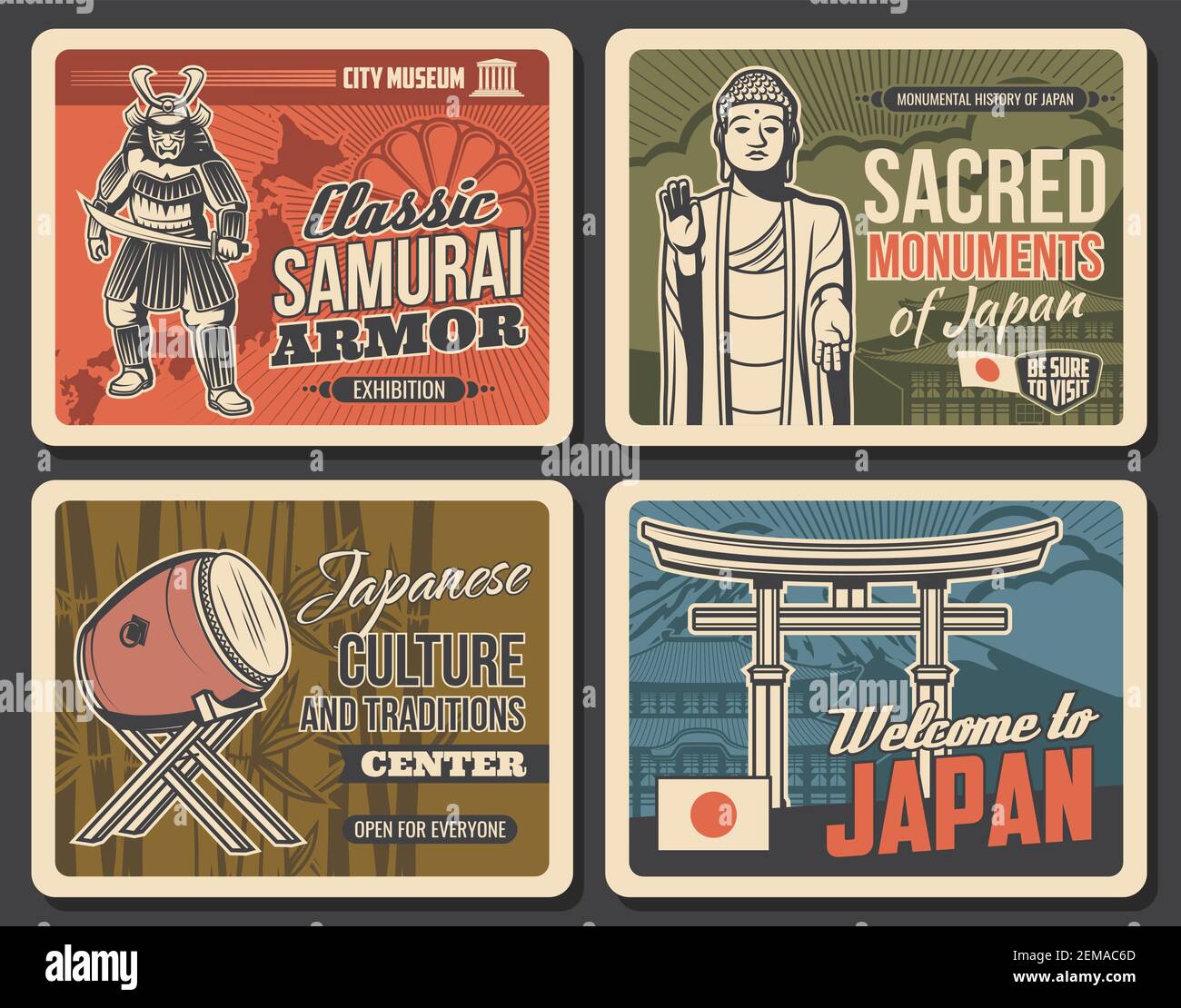 Cultura e tradizioni giapponesi, luoghi di interesse del Giappone, poster vintage vettoriali. Samurai armature e museo, musiche giapponesi musiche mostre musiche musiche Illustrazione Vettoriale