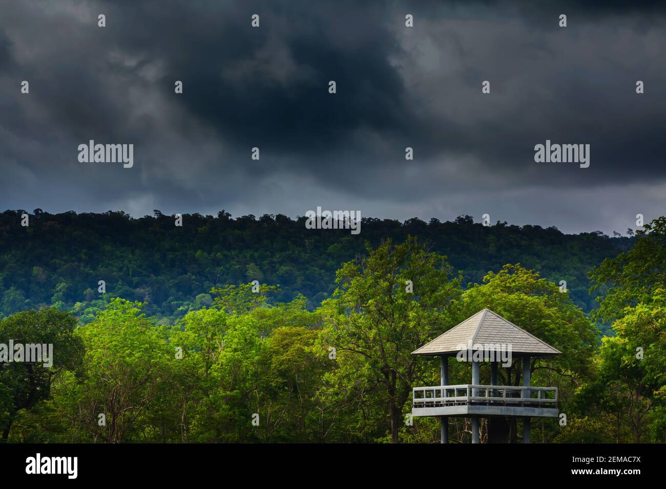 Drammatica nube tempesta su una foresta pluviale tropicale e nascondiglio torre di osservazione animali. Parco Nazionale di TA Phraya, Thailandia. Sito patrimonio dell'umanità dell'UNESCO. Foto Stock