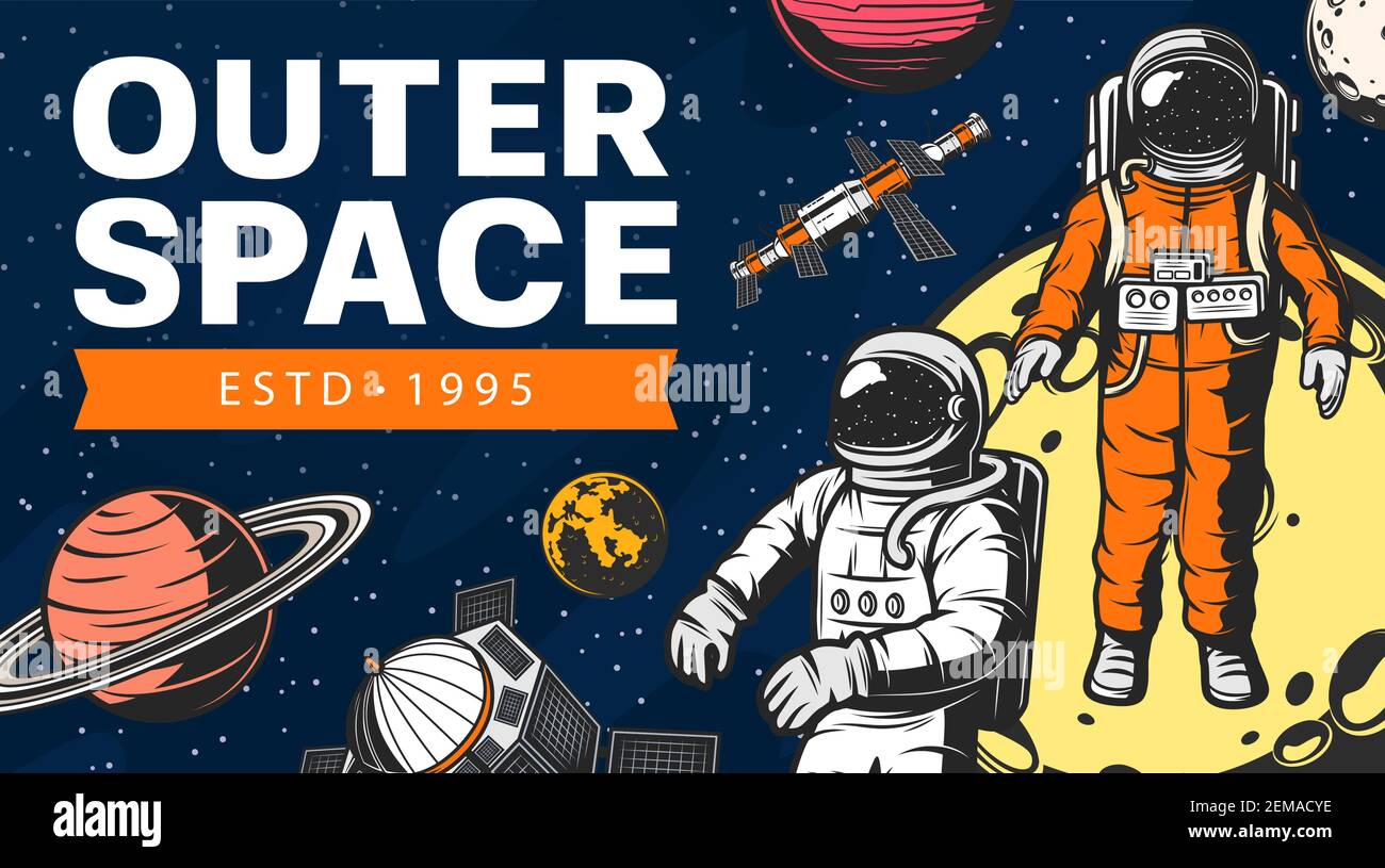 Esplorazione spaziale esterna, astronauti e astronauti in orbita del pianeta. Esploratori di Universo di Luna, Saturno e Giove, stazione orbitale e satelliti w Illustrazione Vettoriale