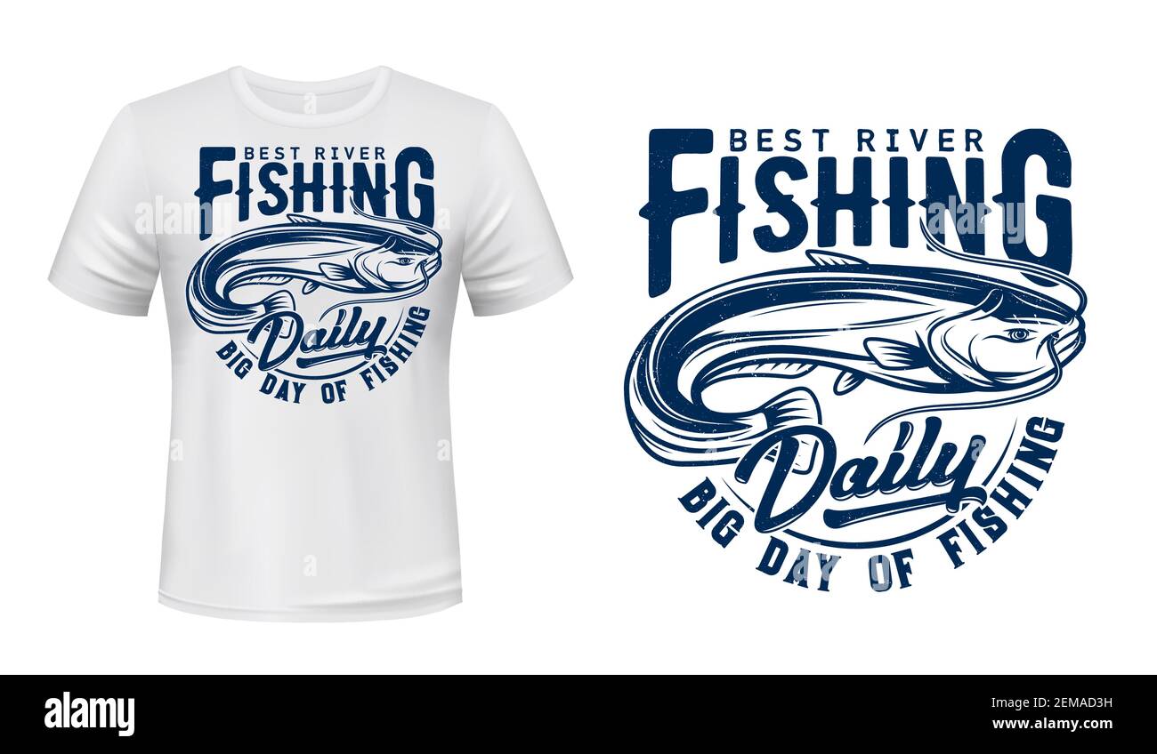 Pesci gatto t-shirt stampa mockup, pesca vettoriale sport. Sheatfish mare o acqua di fiume animale, pescatore pesce cattura stampa modello di fisher club e f Illustrazione Vettoriale
