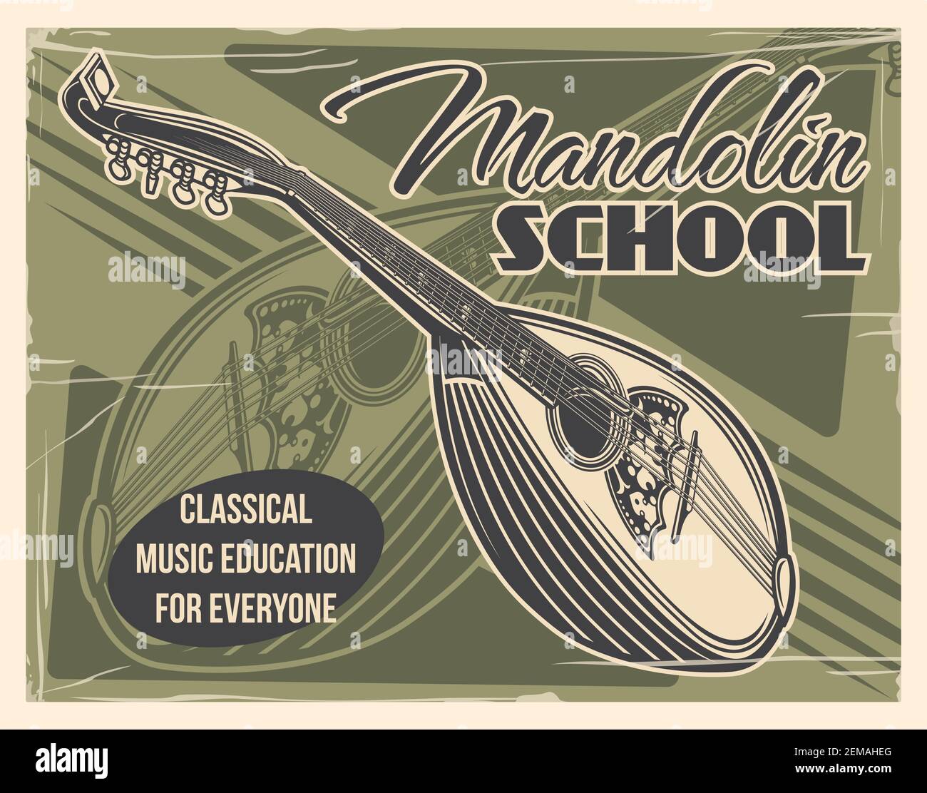 Mandolino vettore strumento musicale retrò poster di musica folk scuola di design. Mandolino bowlback italiano, strumento musicale con corde acustiche, decorare Illustrazione Vettoriale